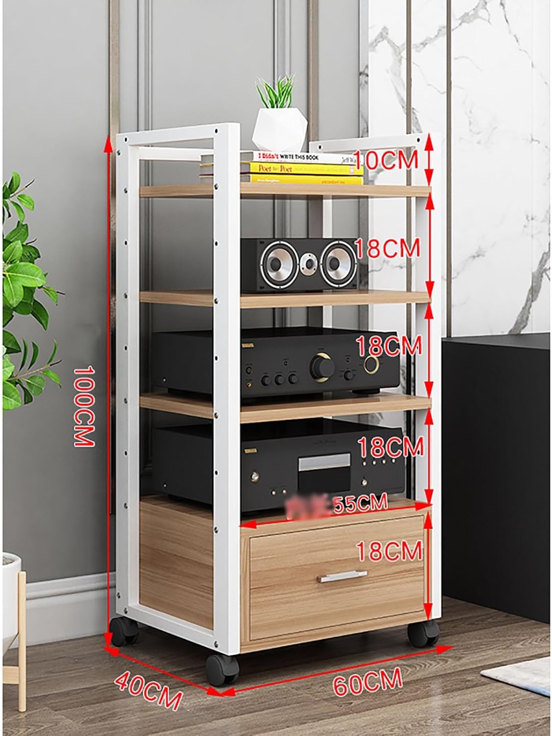 4-Tier Audio Rack with Drawer Amplifier Stand HiFi AV Cabinet Mobile Kickstand CD Rack Media Storage Shelf