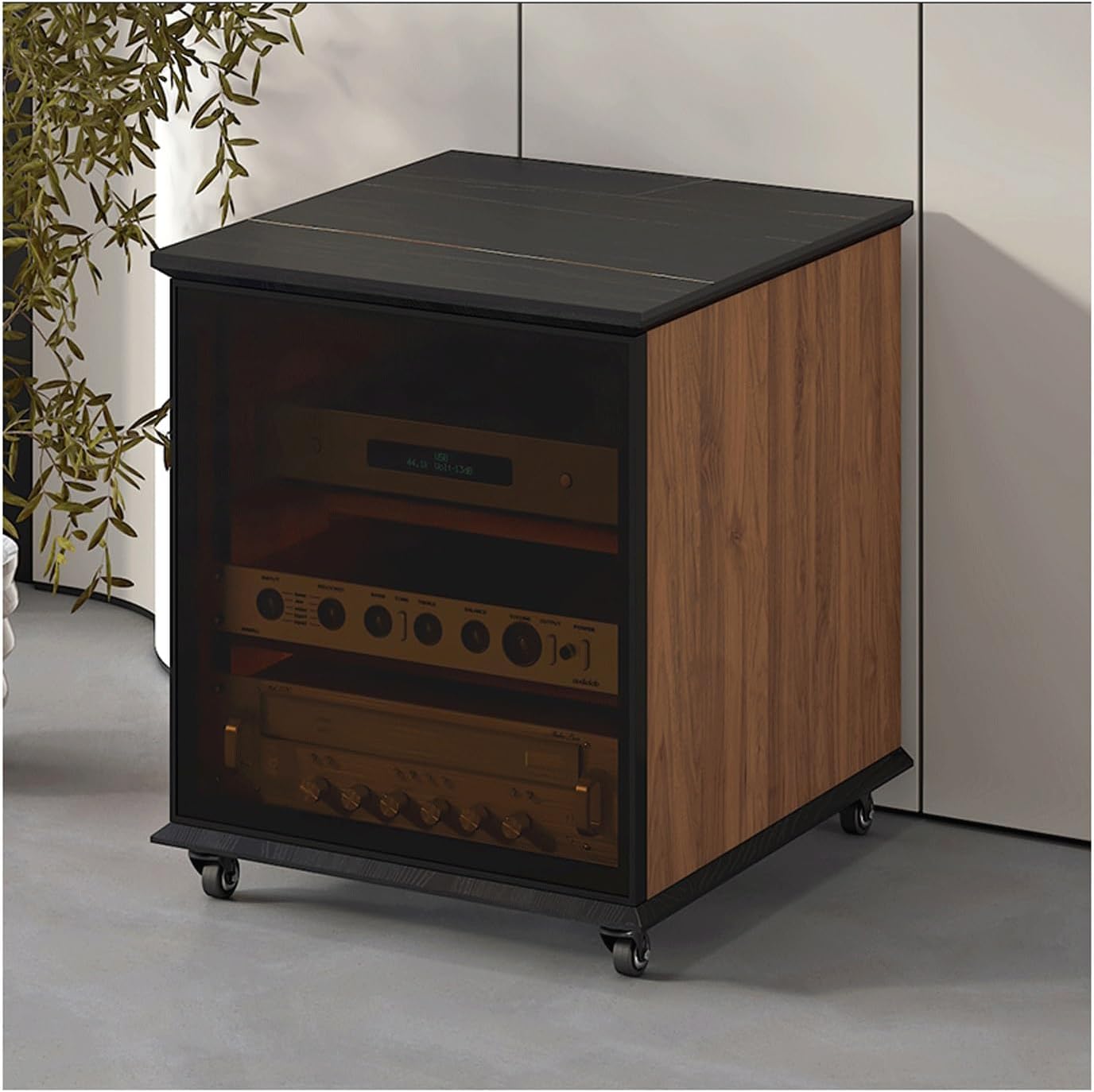 XMFBSY Medios Media Storage Cabinet with Glass Door Stereo Cabinet with Adjustable Shelves & Wheels Rock Slab Top Audio-Video Rack Stand for Theater Organizer(Walnut