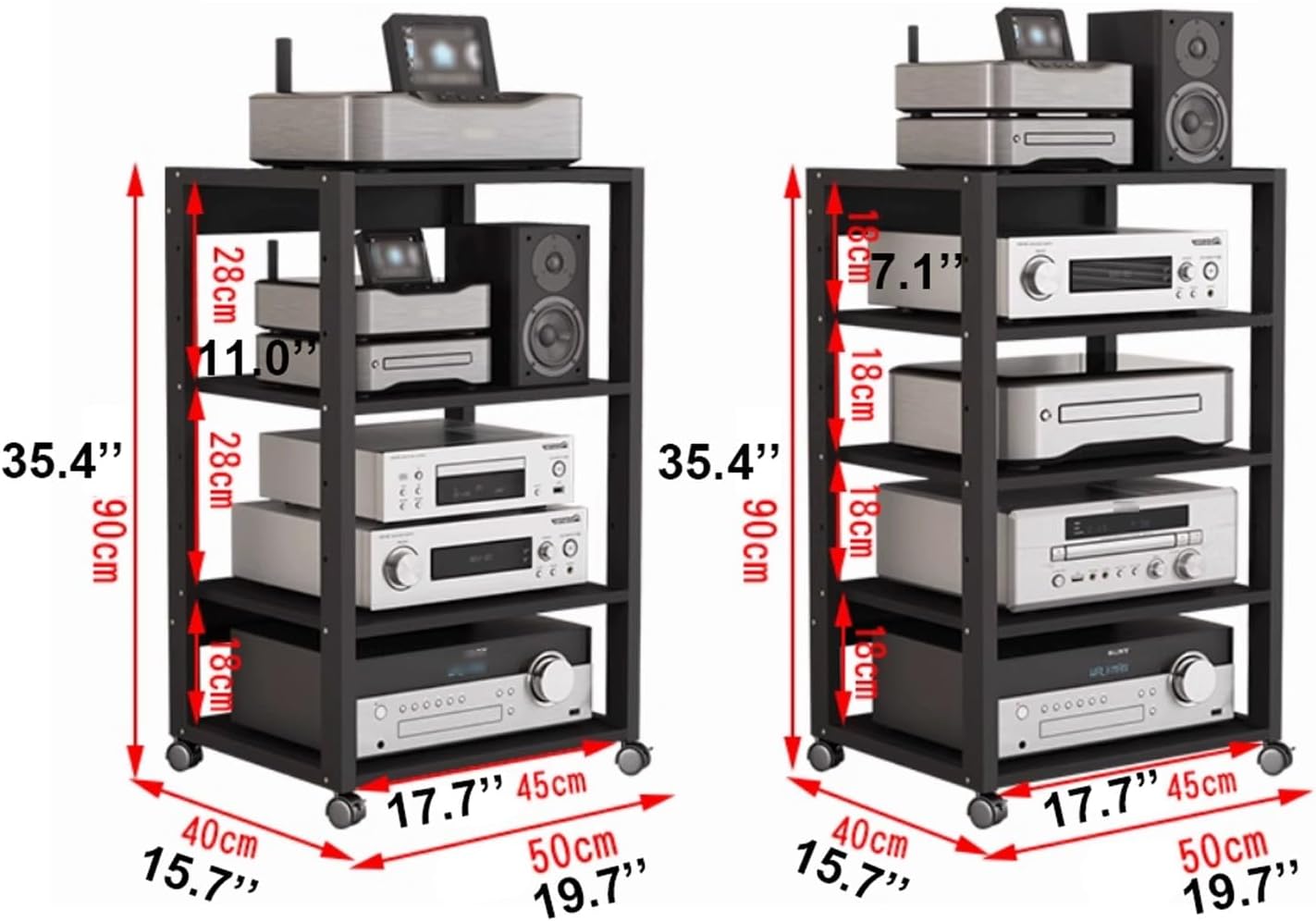 XMFBSY Medios AV Media Stand with Wheels Adjustable Audio-Video Shelving Open Record Player Stereo Cabinet Modern Audio Rack Tower for Home Office Theater Organizer(5 Tier)
