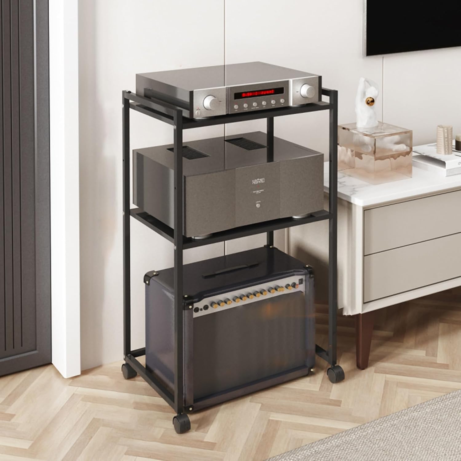 Floor-Standing Audio Rack Record Player Console Cabinet Tall Heavy Duty Audio-Video Media Stand Modern AV Cabinet for Entertainment Stereo Components for Meeting Living Recording Room(53x35x88cm/20.9x