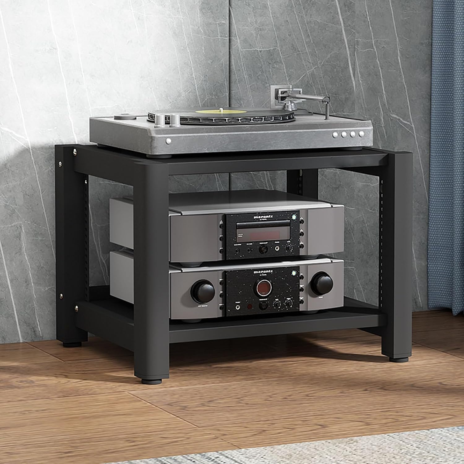 BAYTEWJX Audio Rack Gaming Shelf Record Player Stand AV Media Stand Corner Shelf with Wooden Shelves CD DVD Display Cabinet (Black