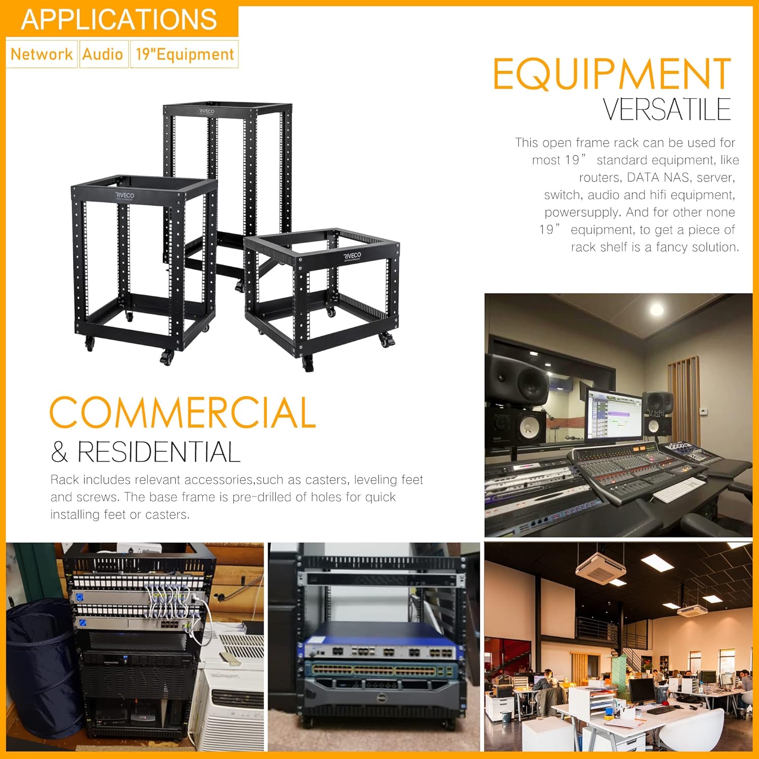 RIVECO 25U Open Frame Server Rack with Wheels- Heavy Duty 4 Post Quick Assembly 19-inch Support 600 LBS Equipment Thick Cold Rolled Steel Cabinet Black