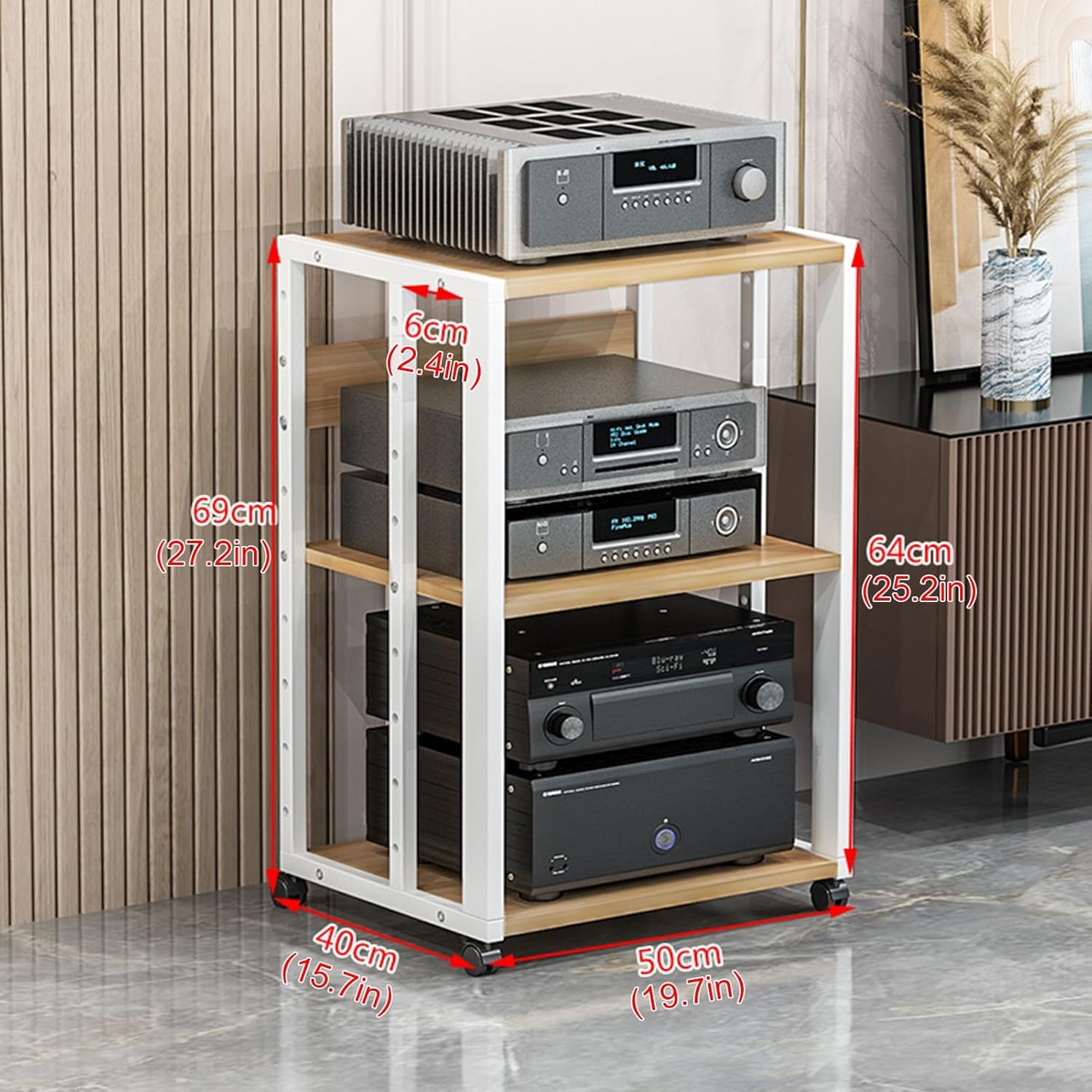 3-Tier Open CD Player Stand AV Media Stand Audio Rack Stereo Component Storage Cabinet with Height Adjustable Wooden Shelf for Home/Office/Theater