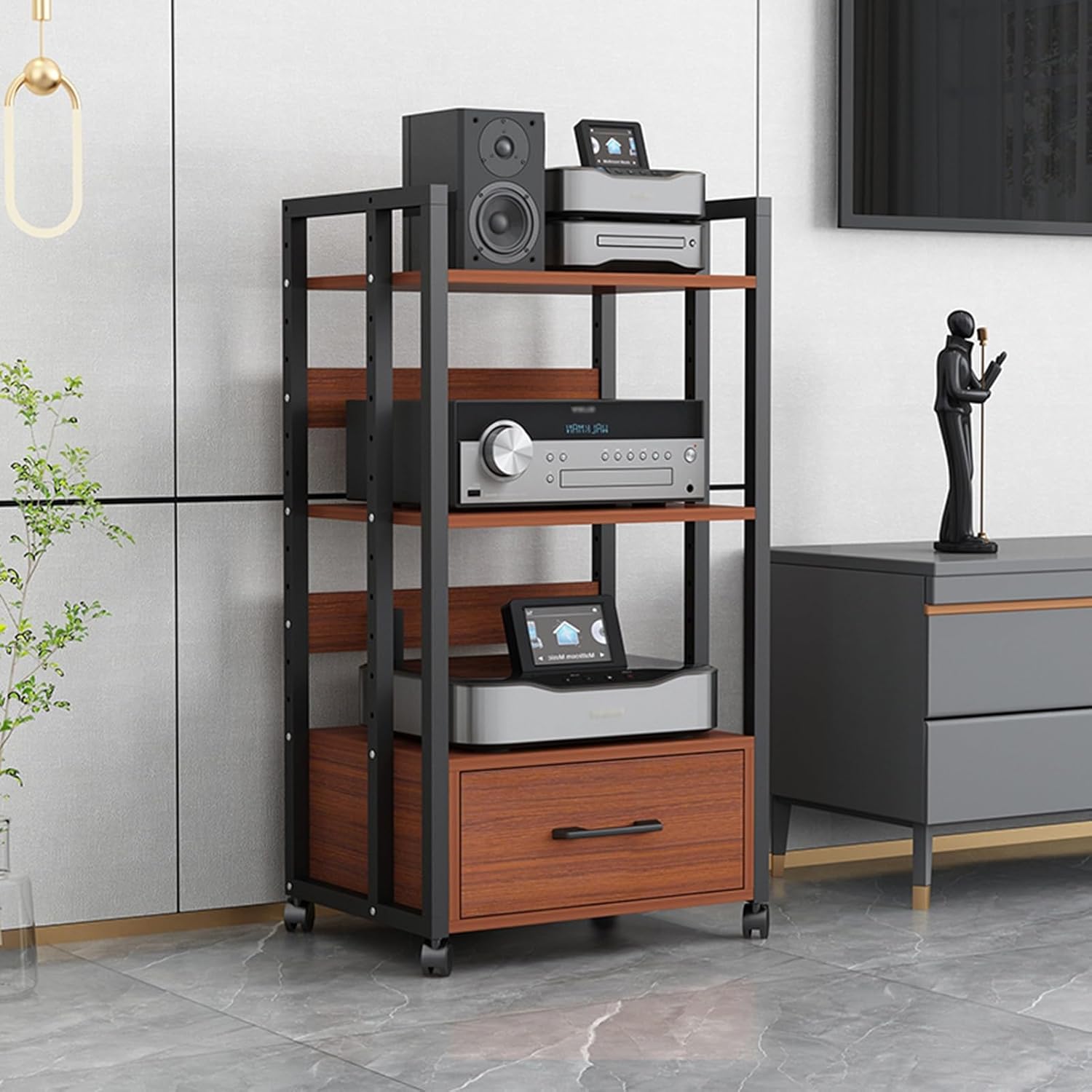 3/4-Tier Movable Media Stand Audio/Video Component Cabinet Record Player Stereo Cabinet Rack Audio Tower with Height Adjustable Wooden Shelf and Drawer for Home/Office/Theater (Color : C