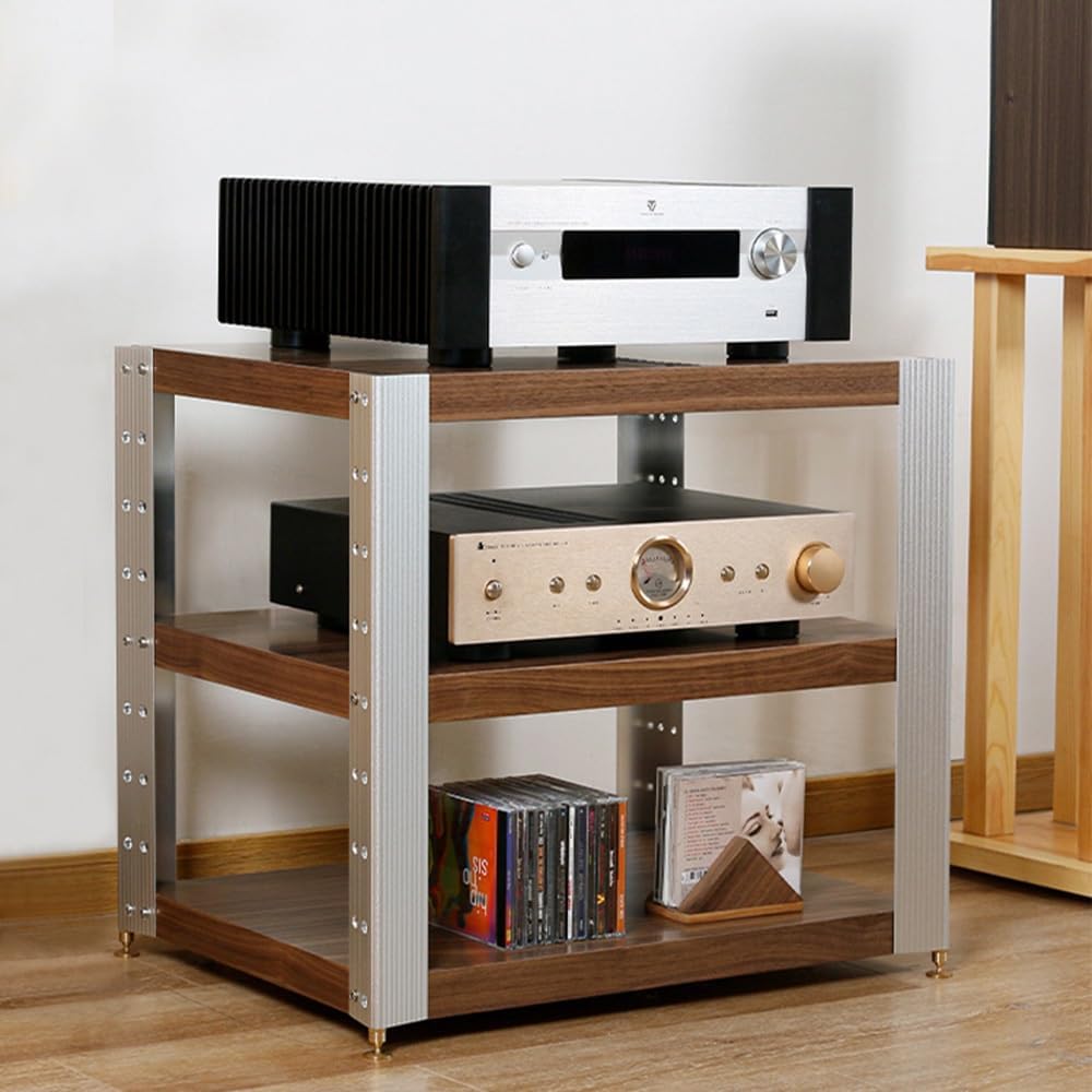 KGPGNYMYHA AV Media Stand Solid Wood Media Storage Cabinet Heavy-duty Audio Rack Tower TV Cabinet Aluminum Alloy Frame Stereo Rack Entertainment Stand(Natural