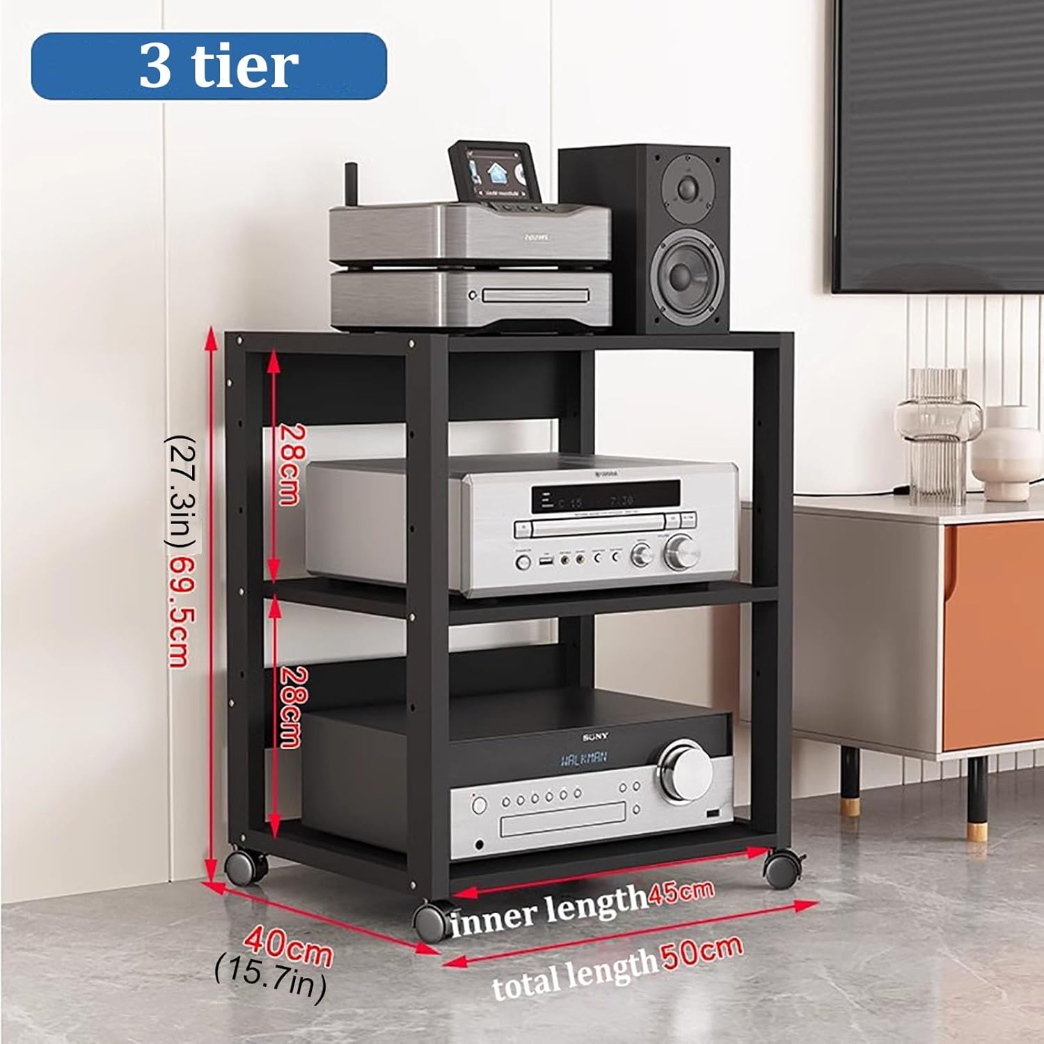 3/4/5-Tier Metal Steel Shelf Media Stand Audio/Video Component Cabinet with Height Adjustable Wooden Shelf for Home/Office/Audio Video/DJ/TV/Theater (Color : Black) (Size : 3 Tier)