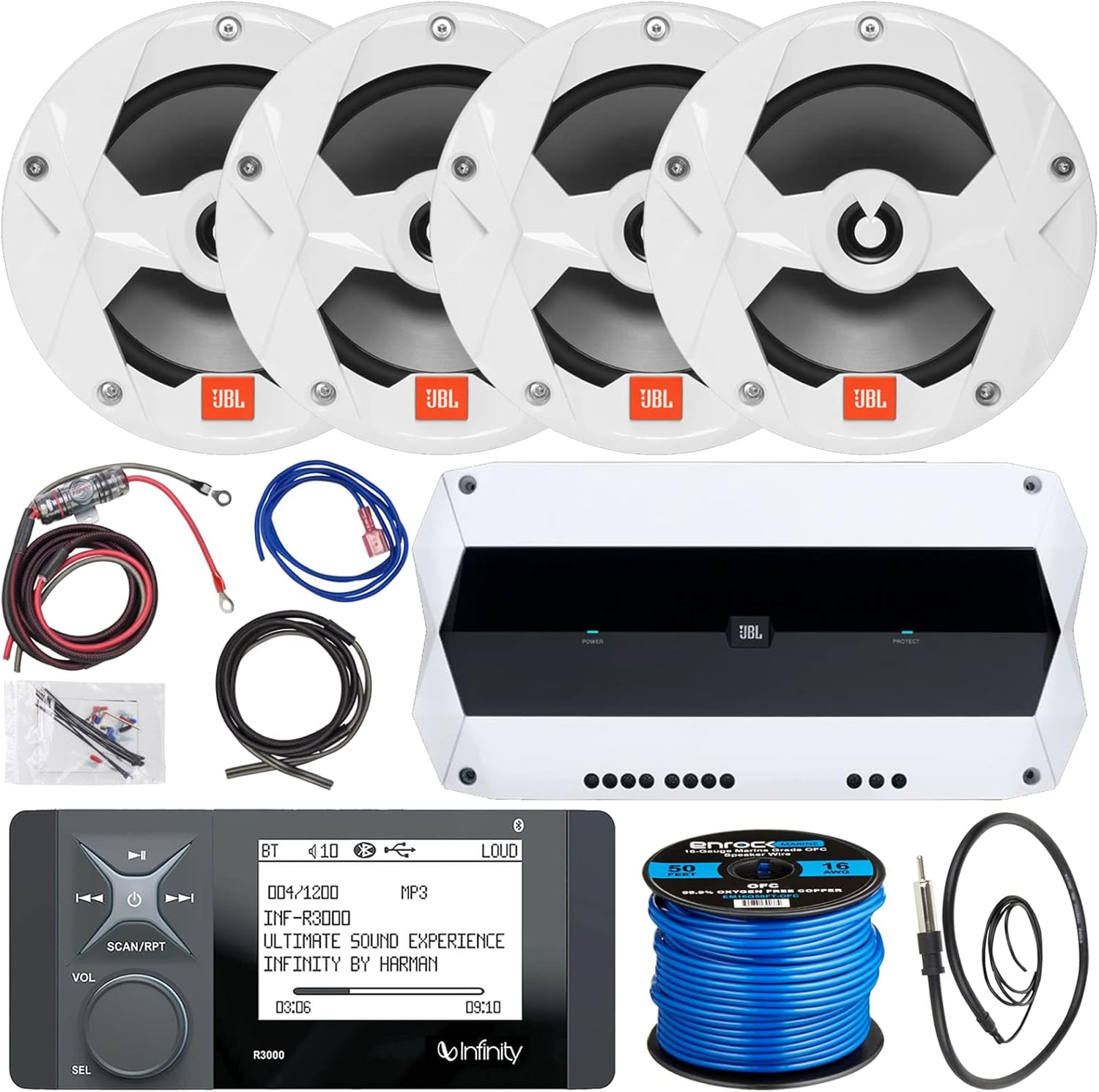Great 21' - 29' Pontoon Boat Audio System: Bluetooth Radio Marine Receiver Bundle Combo with 4X 6.5 2-Way 225W OEM Replacement White Weather-Resistant Speakers