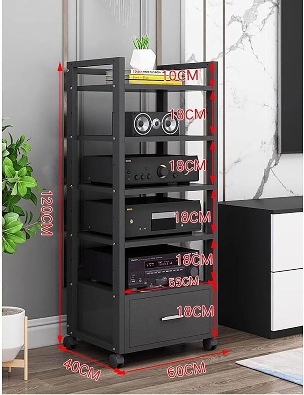60cm Long Multi-Tier Audio Rack with Drawer Amplifier Stand HiFi AV Cabinet Mobile Kickstand CD Rack Media Storage Shelf