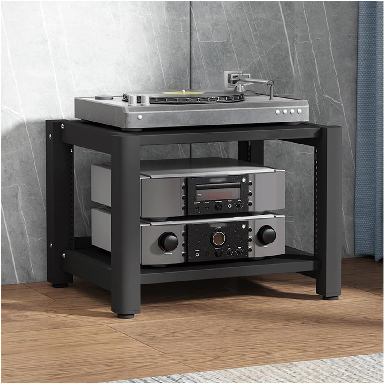 XMFBSY Medios HiFi Stereo Stand Audio Tower Rack with Adjustable Shelves Wooden AV Component Media Stand Corner Shelf CD DVD Record Player Display Cabinet for Theater Organizer(Black