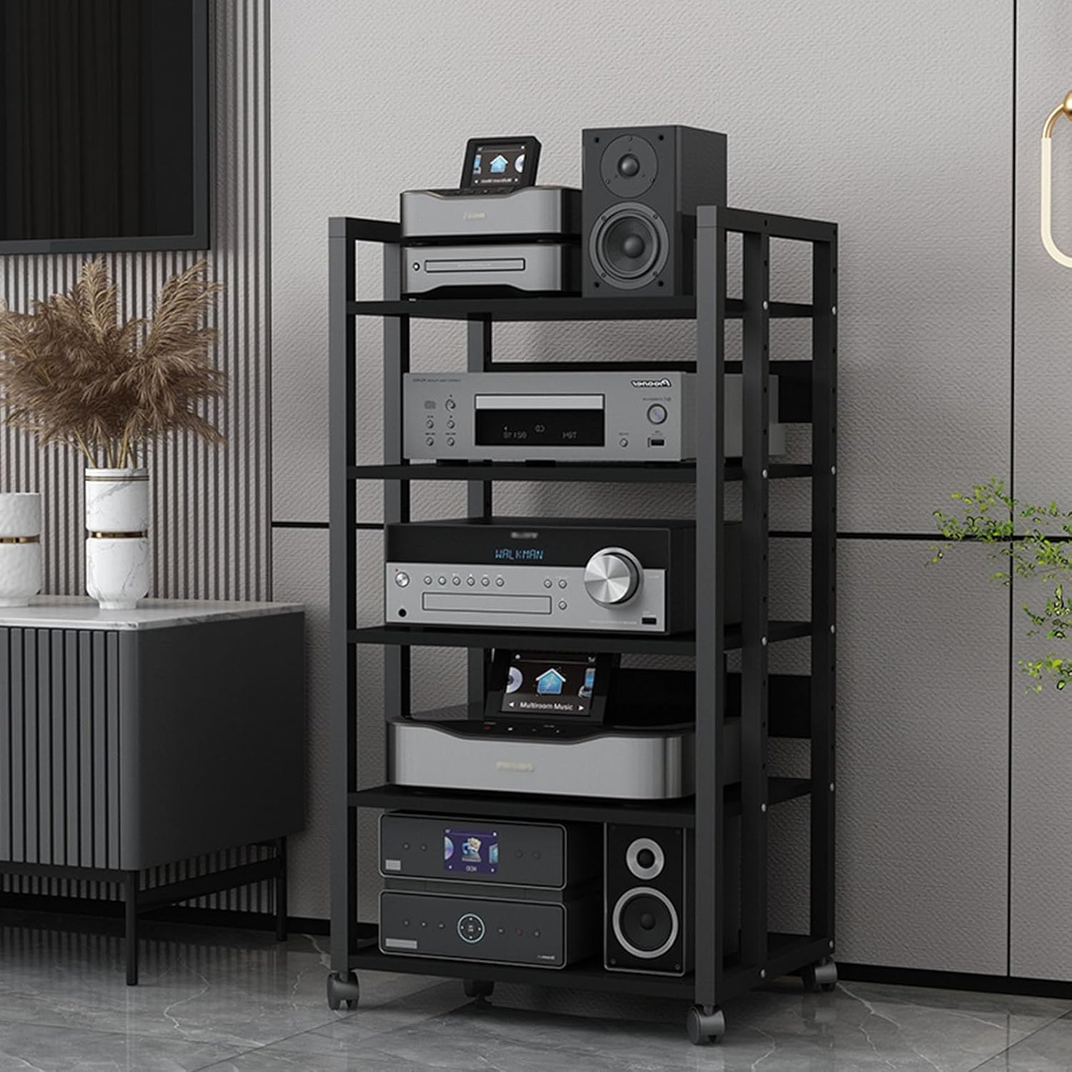 3/4/5/6-Tier Movable Media Stand Stereo Component Cabinet CD Player Stand Audio Rack Tower Modern AV Cabinet with Height Adjustable Wooden Shelf for Home/Office/Theater (Size : 5 Tier)