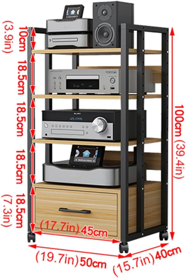 4-Tier Movable Media Stand Audio Video Component Cabinet DVD CD Player Stereo Stand with Height Adjustable Wooden Shelves