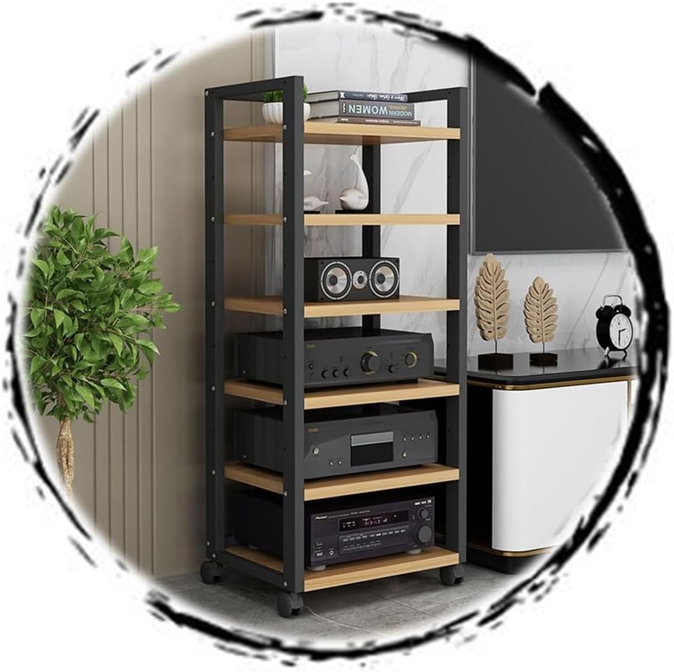 BIUBPW 6-Tier Media Stand Movable Audio/Video Media Storage Cabinet Wooden Stereo Rack with Height Adjustable Shelf Metal Utility Cart for AV Gear Servers(Natural