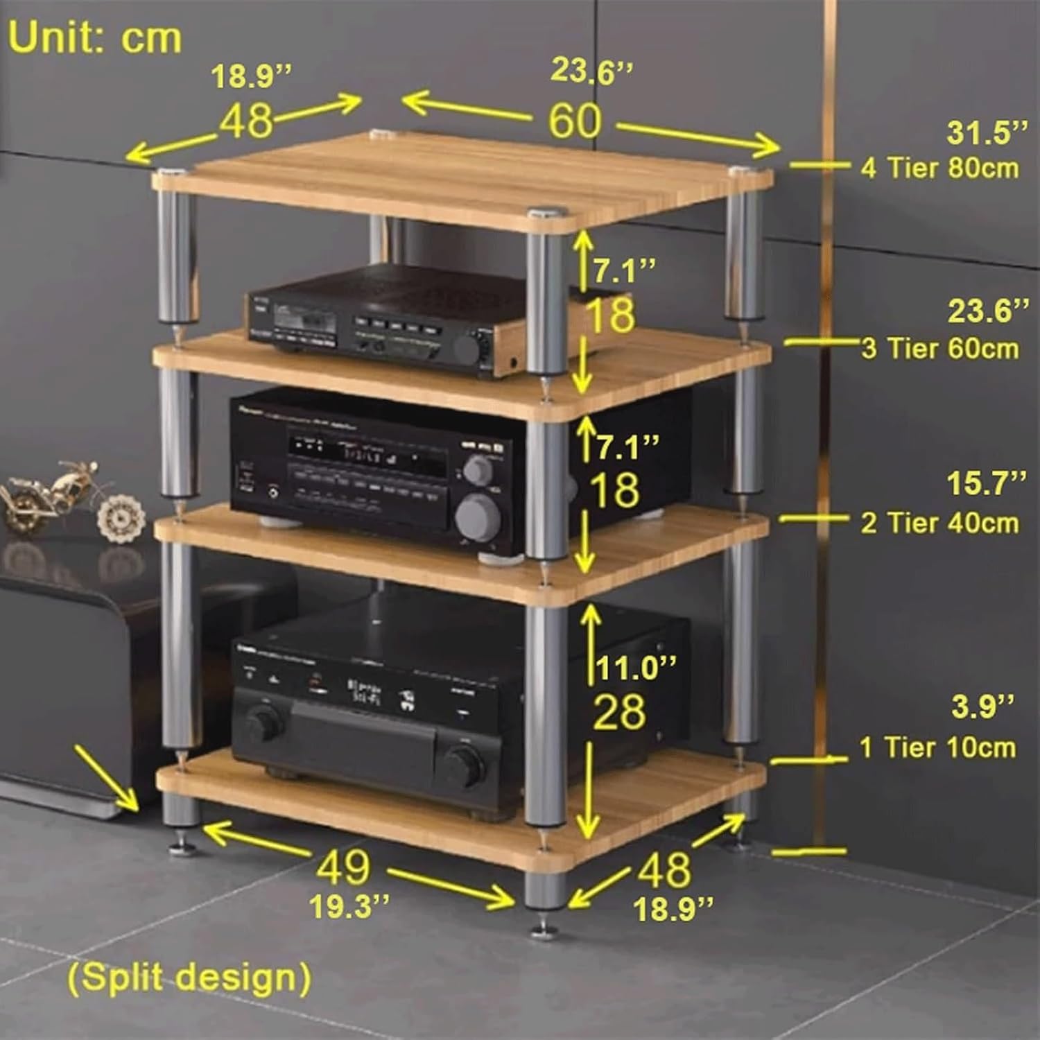PZEOB Stereo Stands Media Stand Component Cabinet Wood Shelf Rack Audio Tower Modern Media Console Stand 2/3/4 Tier Stereo Cabinet(Natural