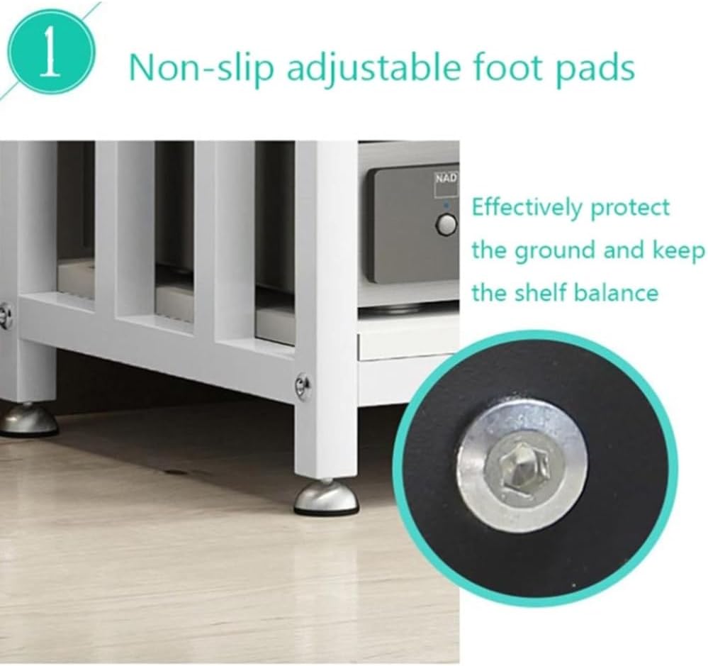 NILZA 4 Tier Media Stand CD Player Stand Audio Rack Av Stand Tower Power Amplifier Equipment Cabinet Floor-Standing Retro Storage Shelves with Height Adjustable Wooden Shelf(White+Teak)