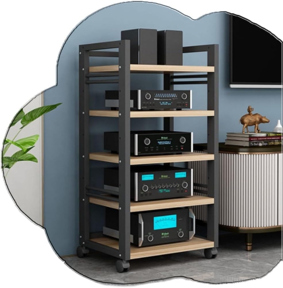 NILZA 5-Tier Media Storage Cabinet Adjustable Shelves Audio Rack AV Media Stand Modern Media Component Stand Stereo Storage Cabinet Audio Stand Storage Cabinet White(Black+Walnut)