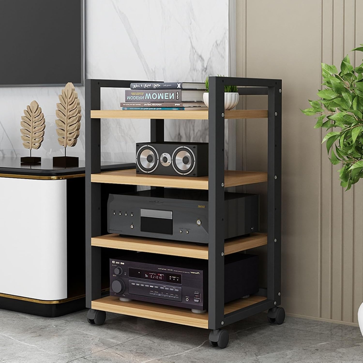 4/5/6-Tier Movable AV Media Stand Audio Rack Tower CD Player Stand Stereo Component Storage Cabinet with Height Adjustable Wooden Shelf for Home/Office/Theater (Color : 4 Tier