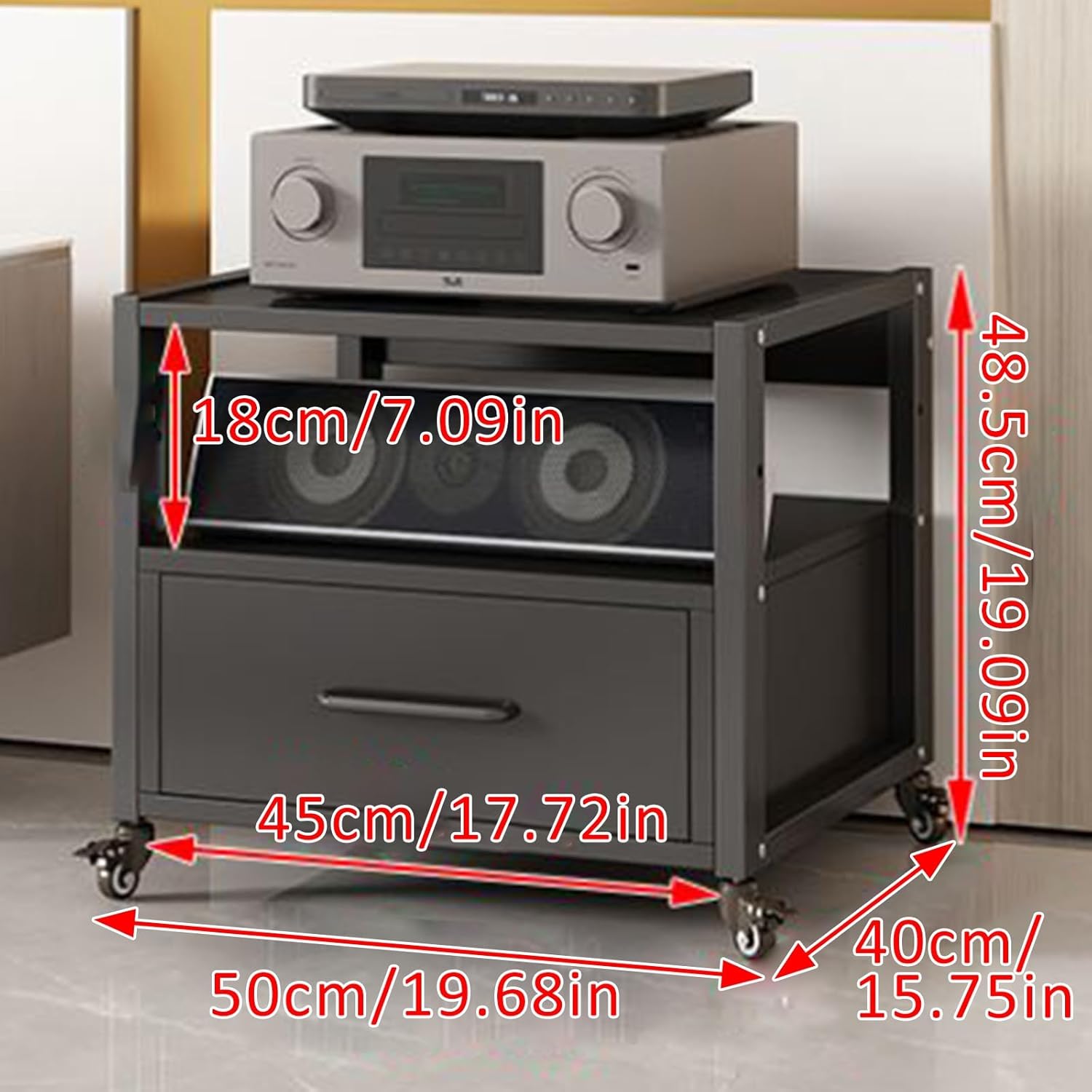 POWRZZZY Audio Rack Record Player Stand 4-Tier Portable Media Storage Rack Stereo Audio Rack Stand Tower Movie & Video Games Collections for Gaming Meeting Living Recording Room(Teak