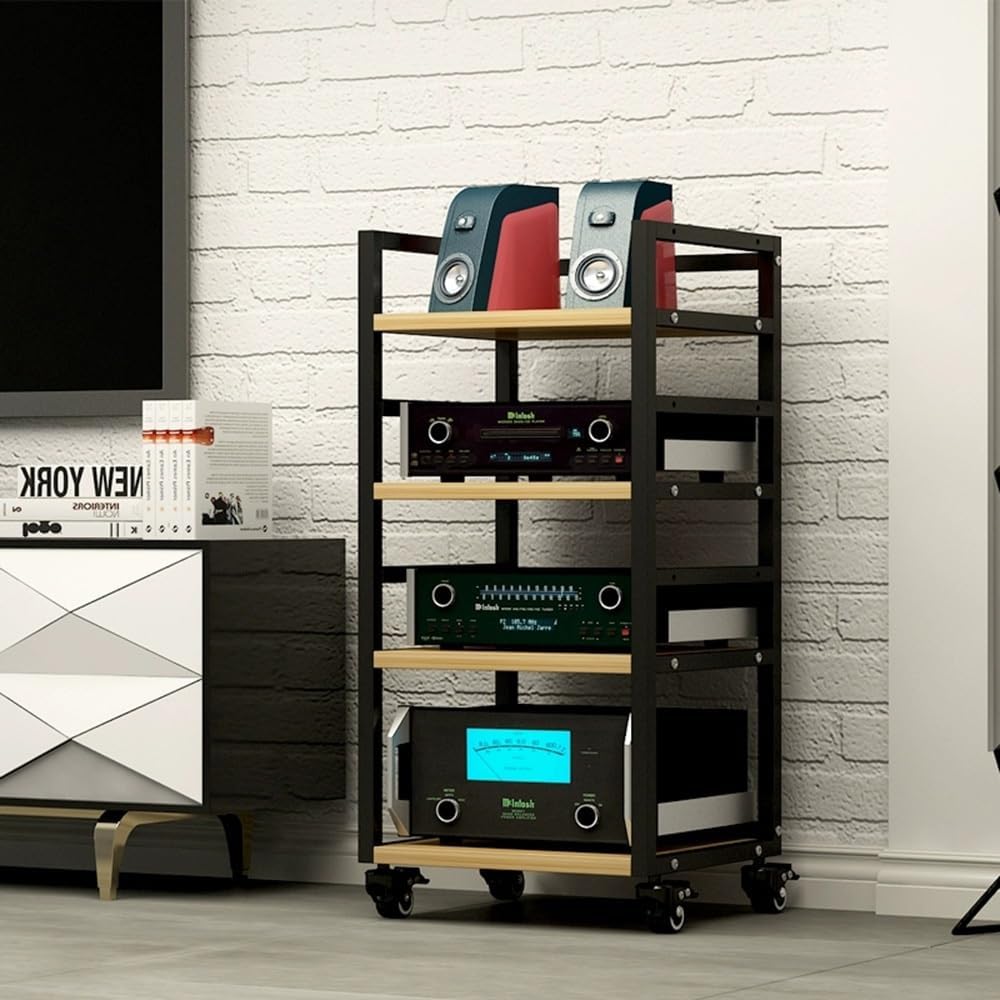 MUGVFVCSQ 4 Tier Open AV Media Stand With Wheel Movable Media Storage Cabinet With Height Adjustable Shelf