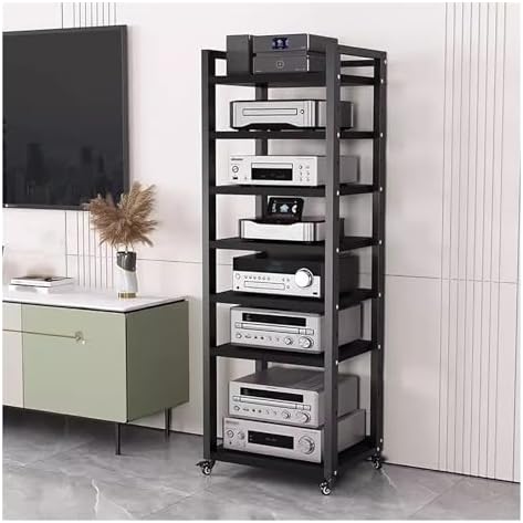 UYCVT Heavy Duty Media Storage Cabinet - 7-Tier Adjustable Audio-Video Rack with Rolling Shelves for Living Room Home Office - Tall Stereo Components Stand in Stylish Design-Black-#3-7 Tier