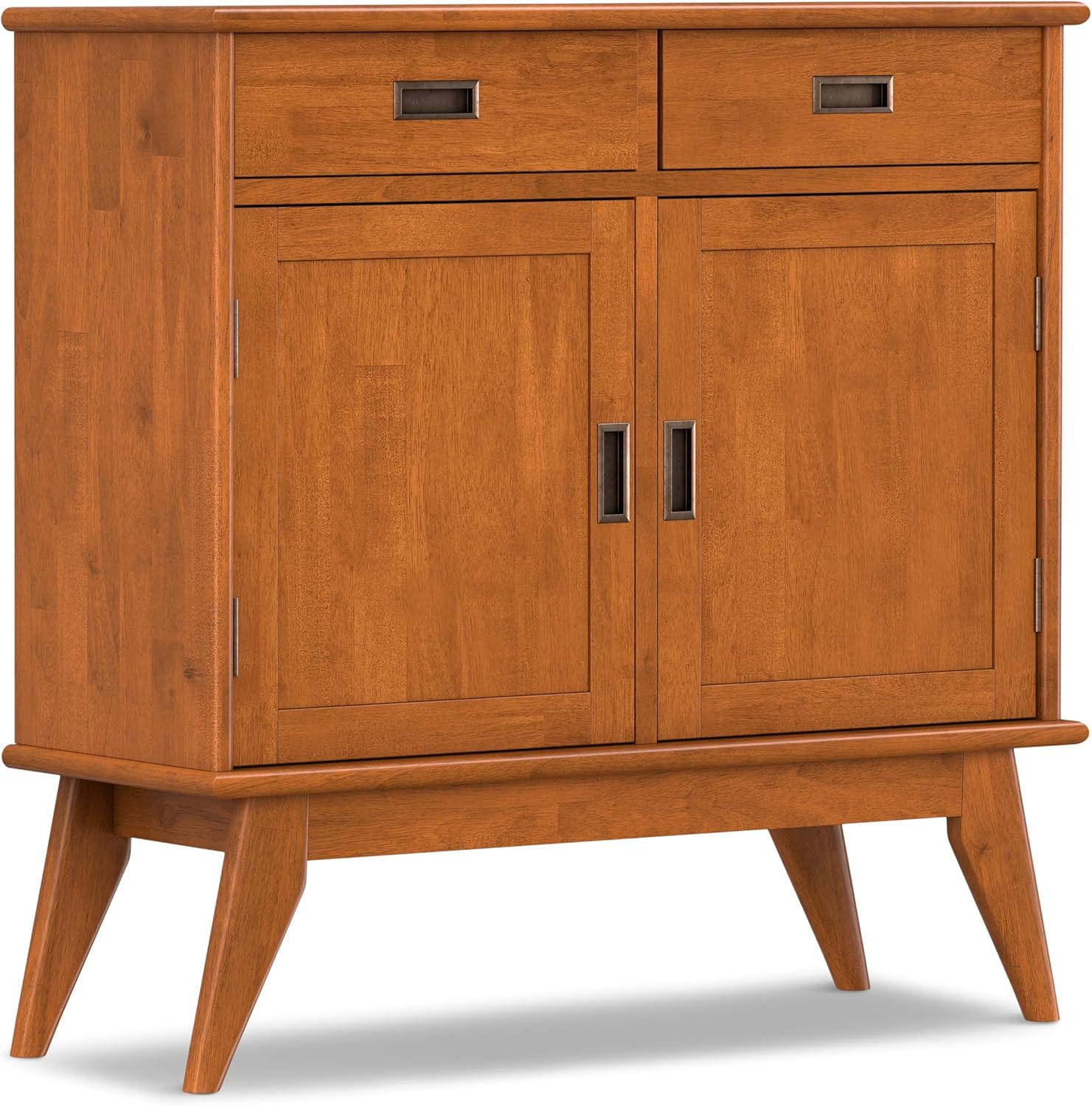 SIMPLIHOME Draper Storage Cabinet - 36 inch Wide Solid Wood 2-Shelf Entryway Storage Cabinet in Teak Brown