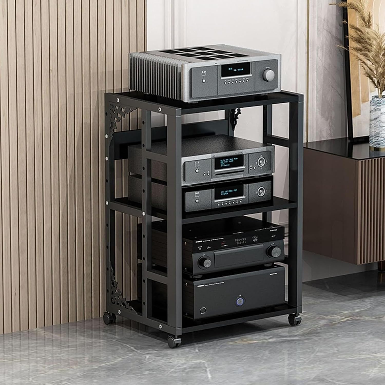 Black Audio Rack Mount Steel & Solid Wood Cabinet