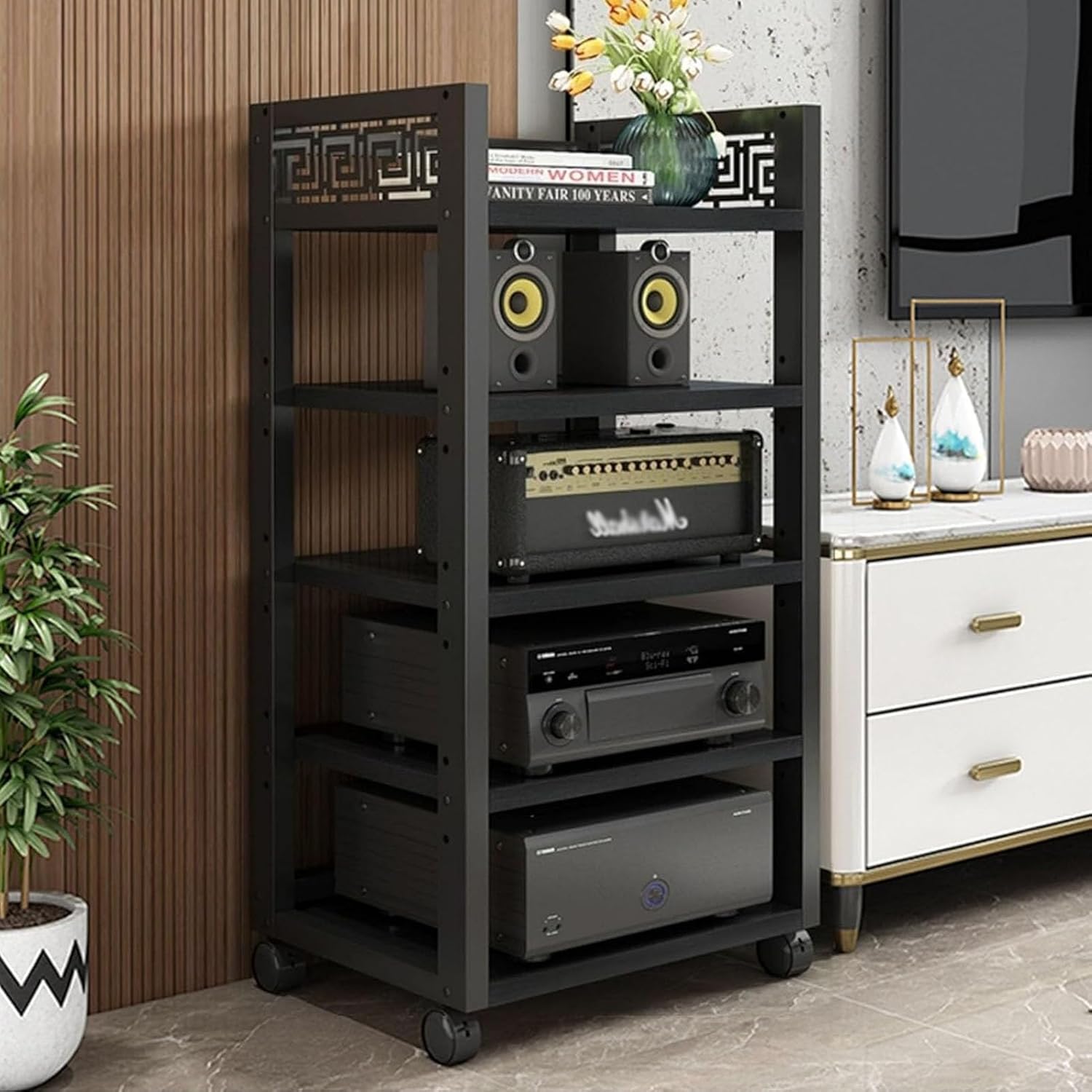 3/5-Tier AV Media Cabinet Stand Audio/Video Component Cabinet Stereo Rack Audio Tower With Caster Wheels & Adjustable Shelf Multi-Function Open Storage Shelf