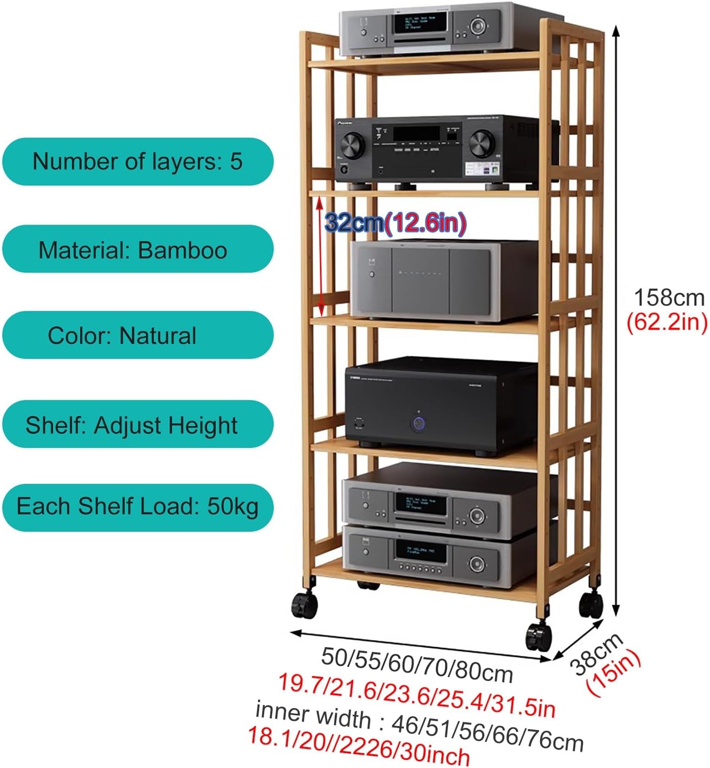 2 3 4 5 Tier Stereo Rack System Cabinet with Height-Adjustable Shelf & Wheels
