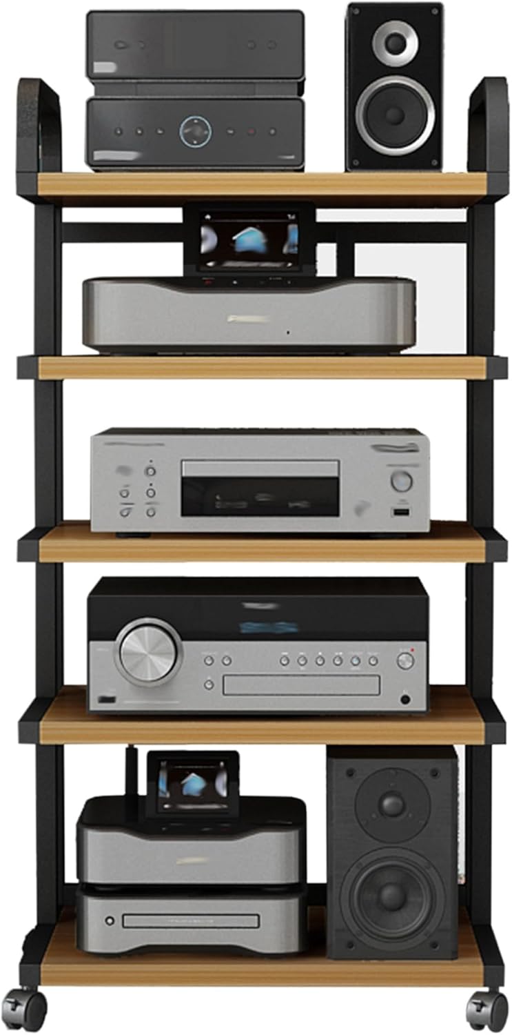 5-Tier Audio Video Stand with Wheels - Modern Wooden Corner Shelf for TV