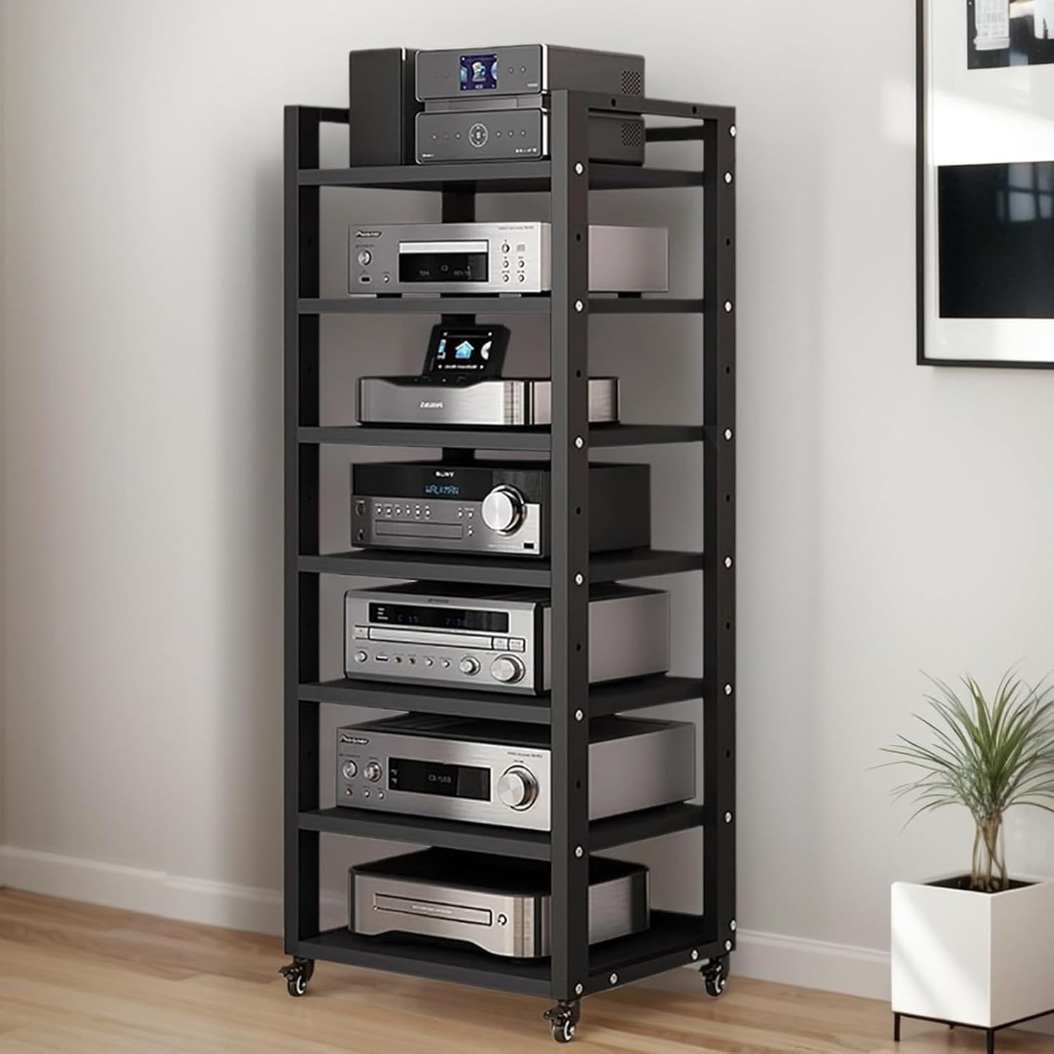 7-Tier Heavy Duty Audio Component Rack with 360 Casters Audio-Video Shelving 47in Tall Hifi Amplifier Rack AV Equipment Cabinet Display Stand CD Record Player Stereo Receiver for Home Office Gaming(B