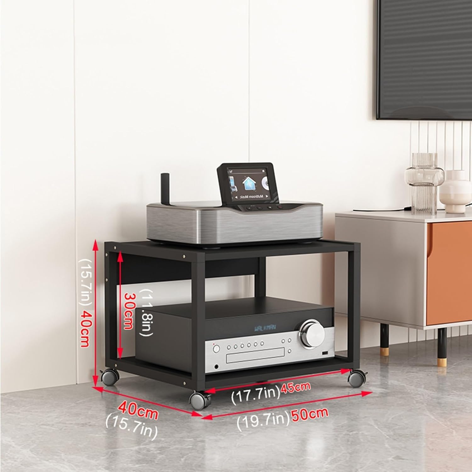 XingLi 2-Tier Movable Audio Video Rack Media Stand Living Room Corner TV Stand CD Player Stereo Component Cabinet Multi-Function Open Storage Shelf Multiple Sizes(Color:50x40x40cm)