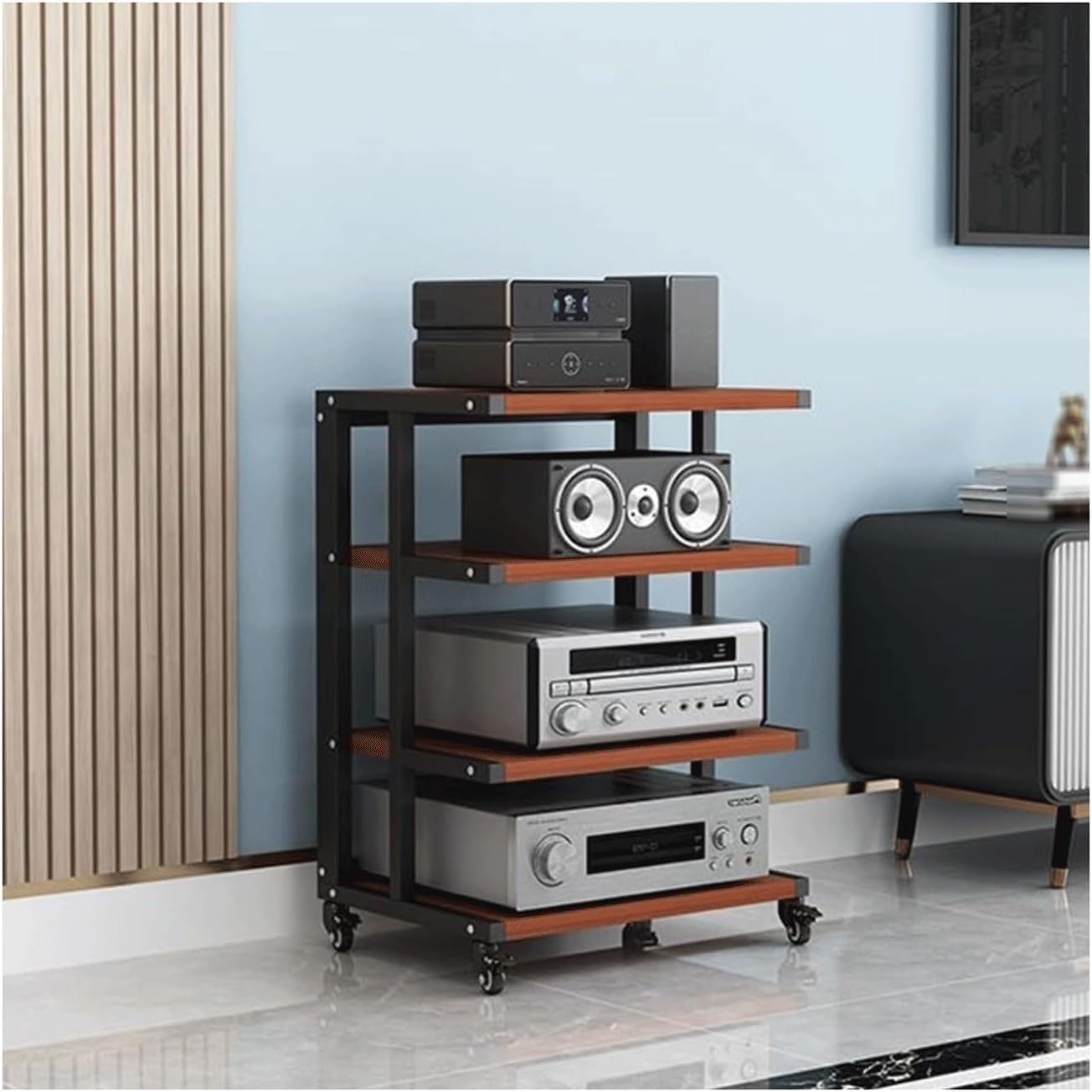 XMFBSY Medios AV Media Stand HiFi Rack Wooden Open Stereo Component Cabinet Movable Rack Audio Tower with Wheels Entertainment Center Shelves for DVD Players Organizer(Rojo