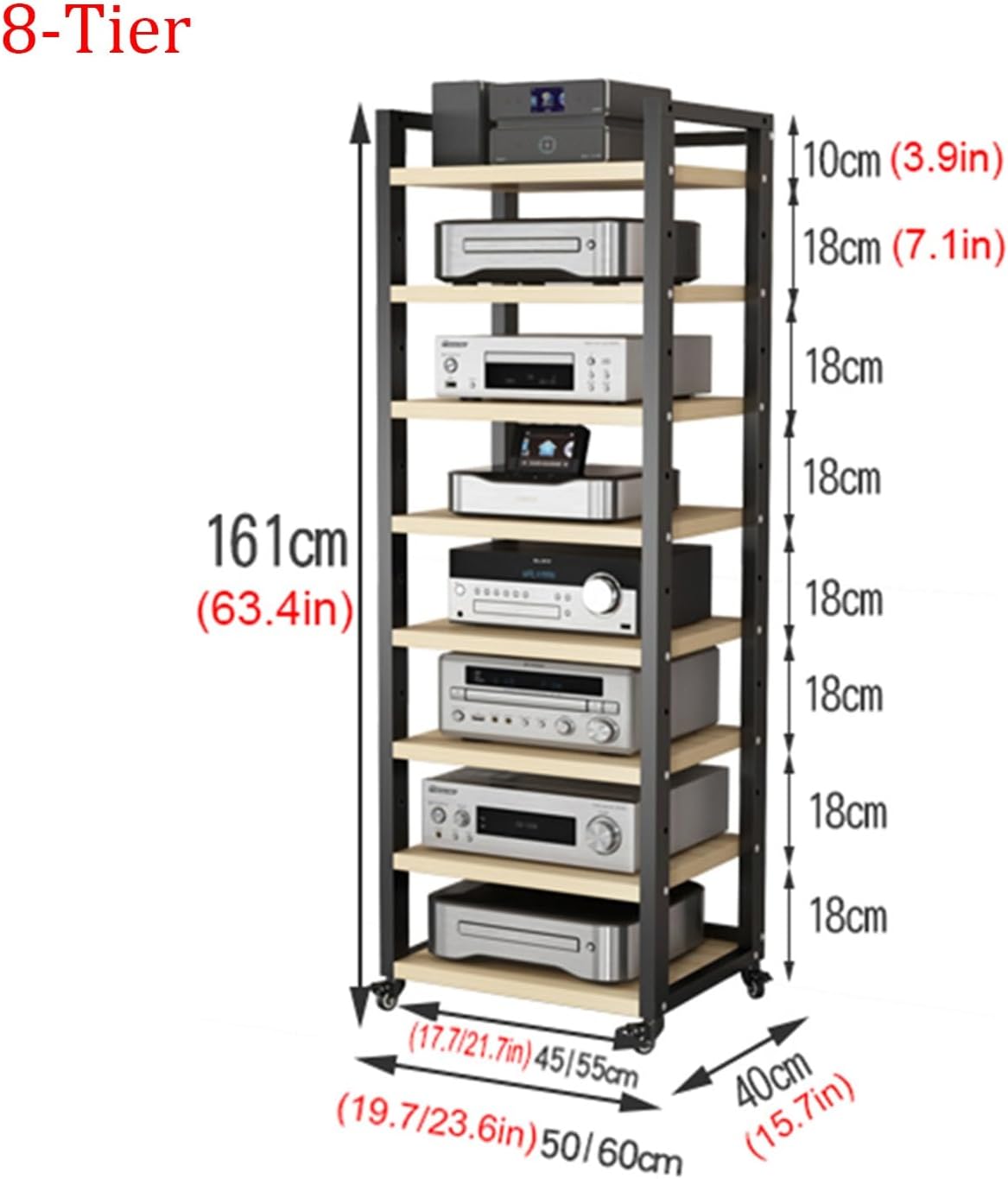 5/6/7/8 Tier Audio Video Component Cabinet CD Media Player Stand Multi-Functional Movable Open Storage Rack Stereo Cabinet with Height Adjustable Wooden Shelf for Home/Office/Theater (Color : A-8 Tie
