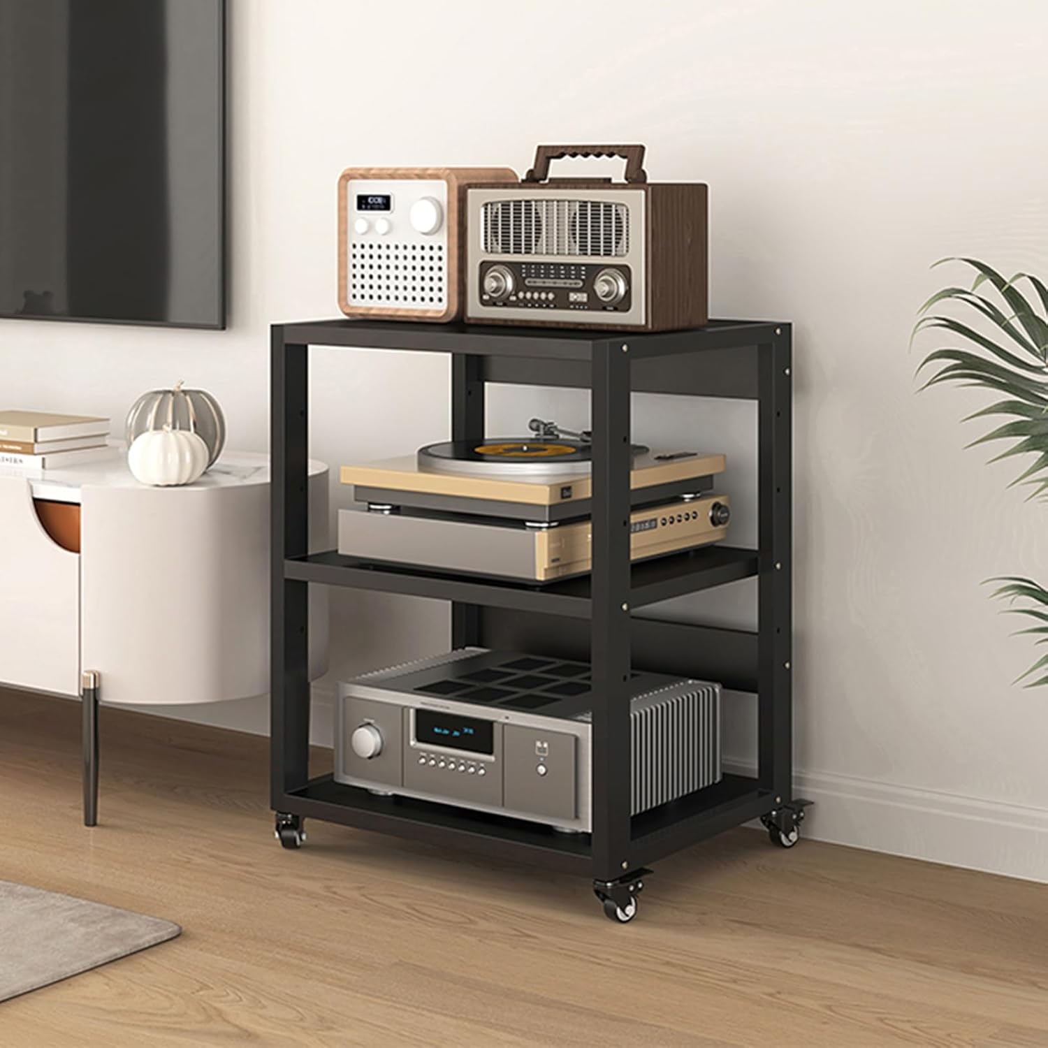 3-Tier Movable AV Component Media Cabinet Corner TV Stand CD Player Stereo Rack Audio Tower Media Stand with Height Adjustable Steel Shelf for Home/Office/Theater