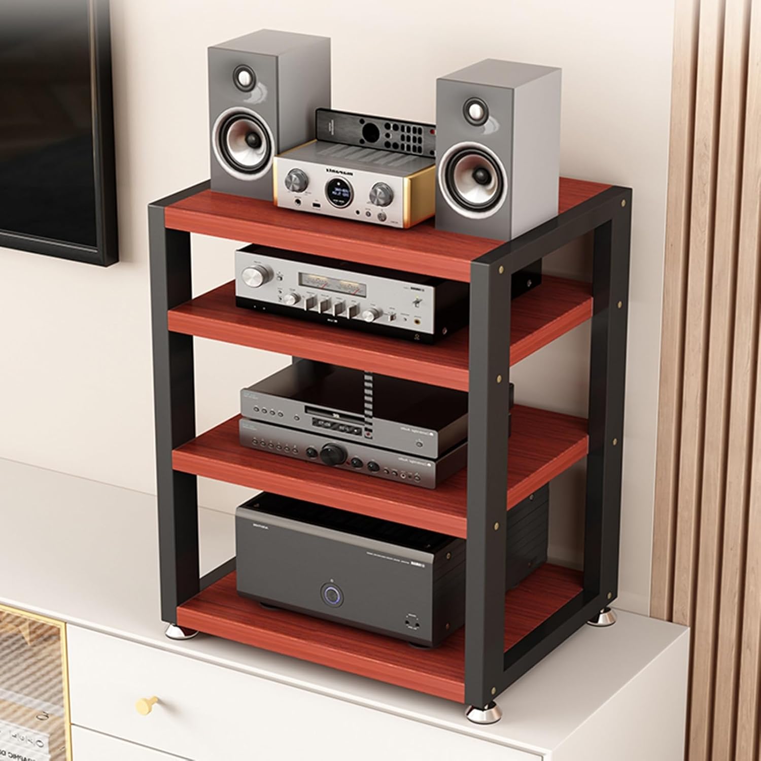 4 Tier Wood Shelf Corner TV Stand Desktop Amplifier Stand CD Player HiFi Rack AV Media Stand Record Player Stereo Components Cabinet for Home/Office/Theater (Color : B