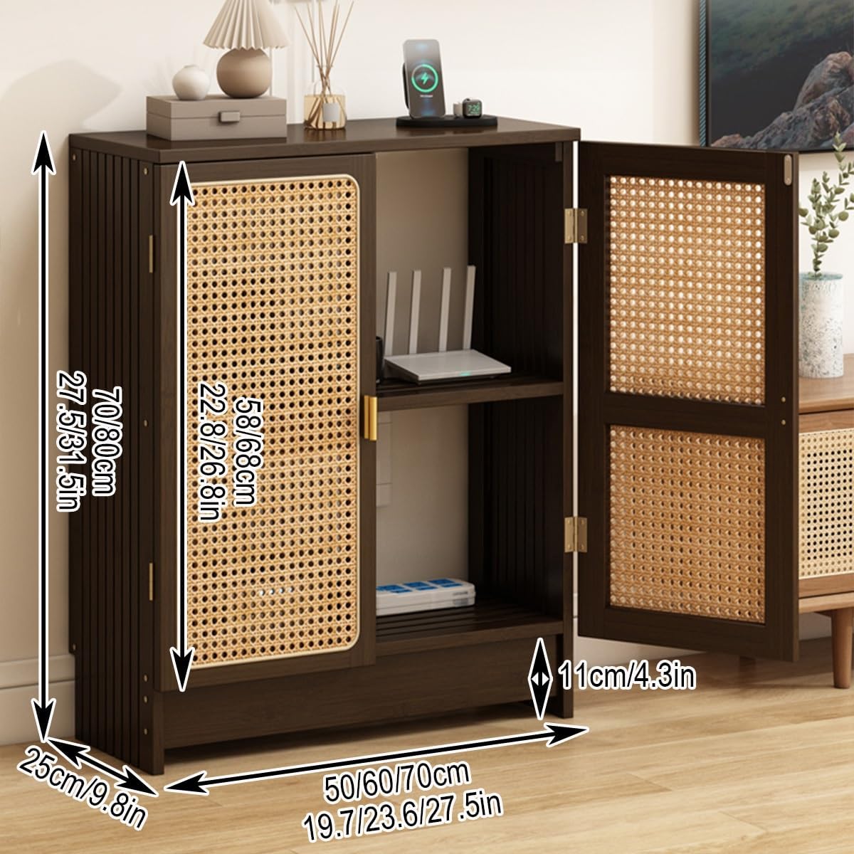 JDPYURV AV Media Cabinet with Rattan Doors & Adjustable Shelves