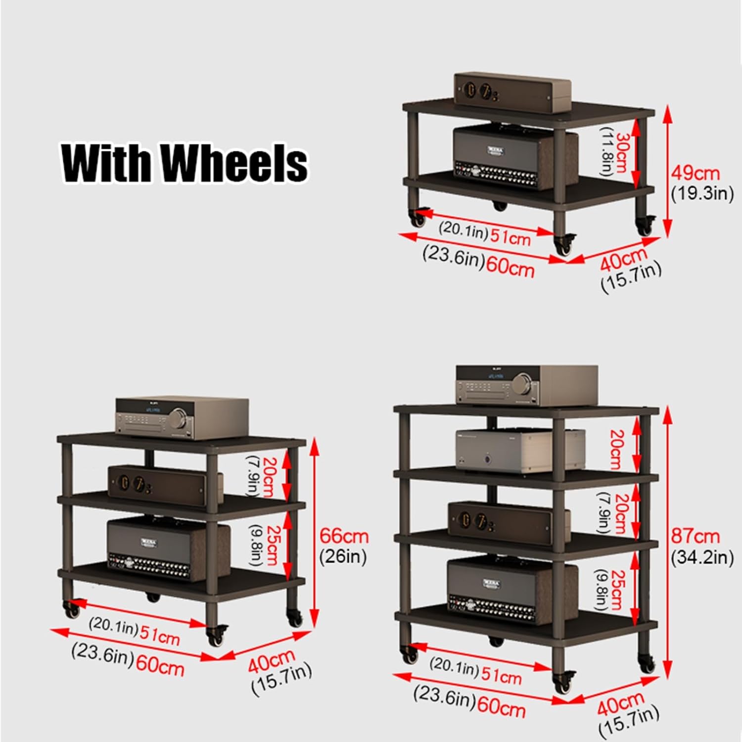 2/3/4 Tier AV Media Stand CD Player Stereo Component Cabinet Floor-Standing/Movable Storage Shelf with Height Adjustable Wooden Shelves for Home/Office/Theater