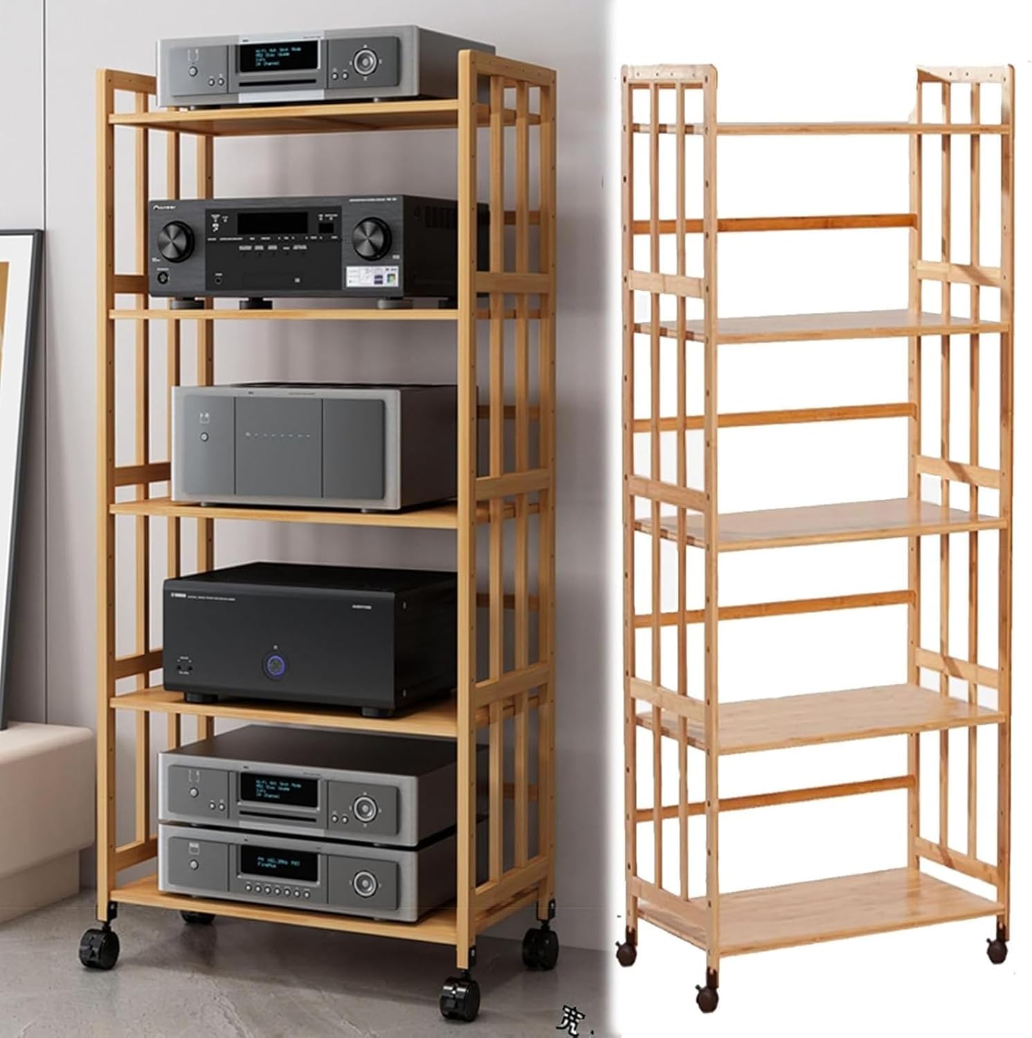 XingLi 62.2Inch/158cm Tall Movable Media Stand Audio/Video Rack CD Player Stand Stereo Component Storage Cabinet with Height Adjustable Wooden Shelf for Home/Office/Theater(W- 50cm/19.7in)