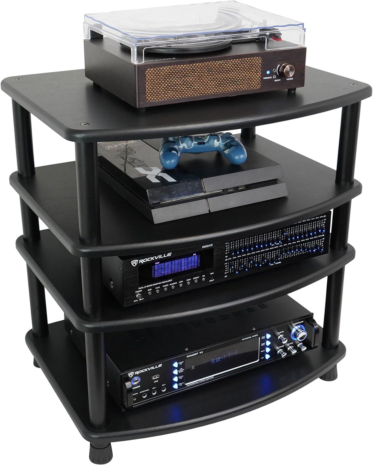 Rockville Bundle: Rockville FLX Black Adjustable Height 4 Shelf Home Theater A/V Audio Rack Stand Bundle with Rockville Shelf for FLX Black Add-On Shelf + Tubes for FLX Black (2 Items)