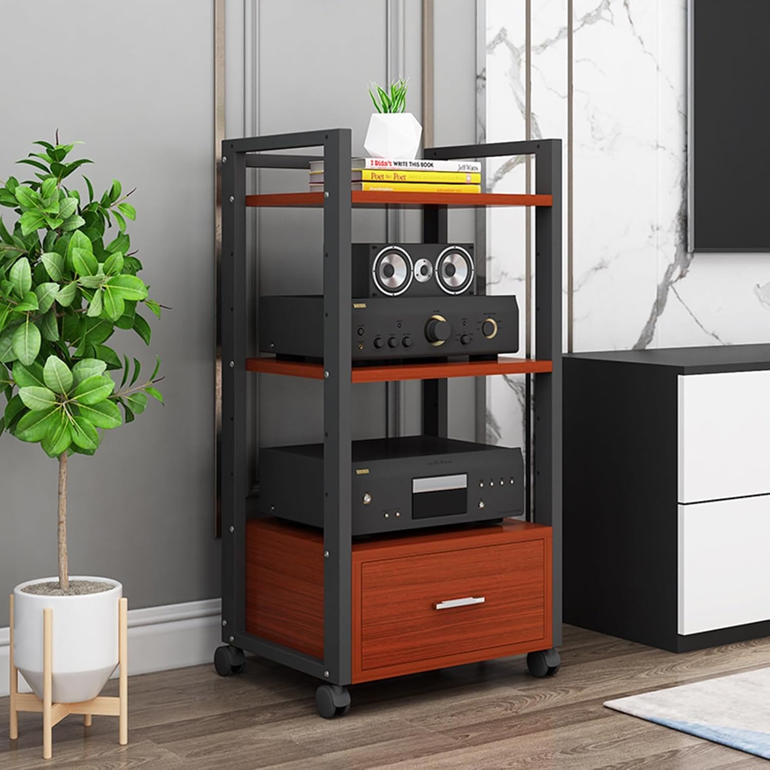 Multi-Tier Audio Rack with Drawer Amplifier Stand HiFi AV Cabinet Mobile Kickstand CD Rack Media Storage Shelf Protects and Organizes Your Valuable Music