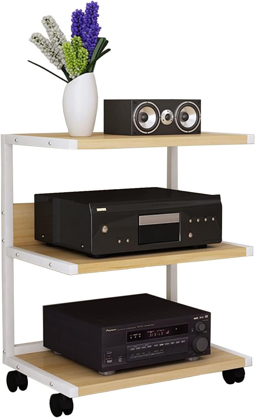 3-Tier Audio Rack CD Media Player Stand Audio/Video Component Cabinet Floor-Standing Movable Storage Shelf with Wheels for Home/Office/Theater