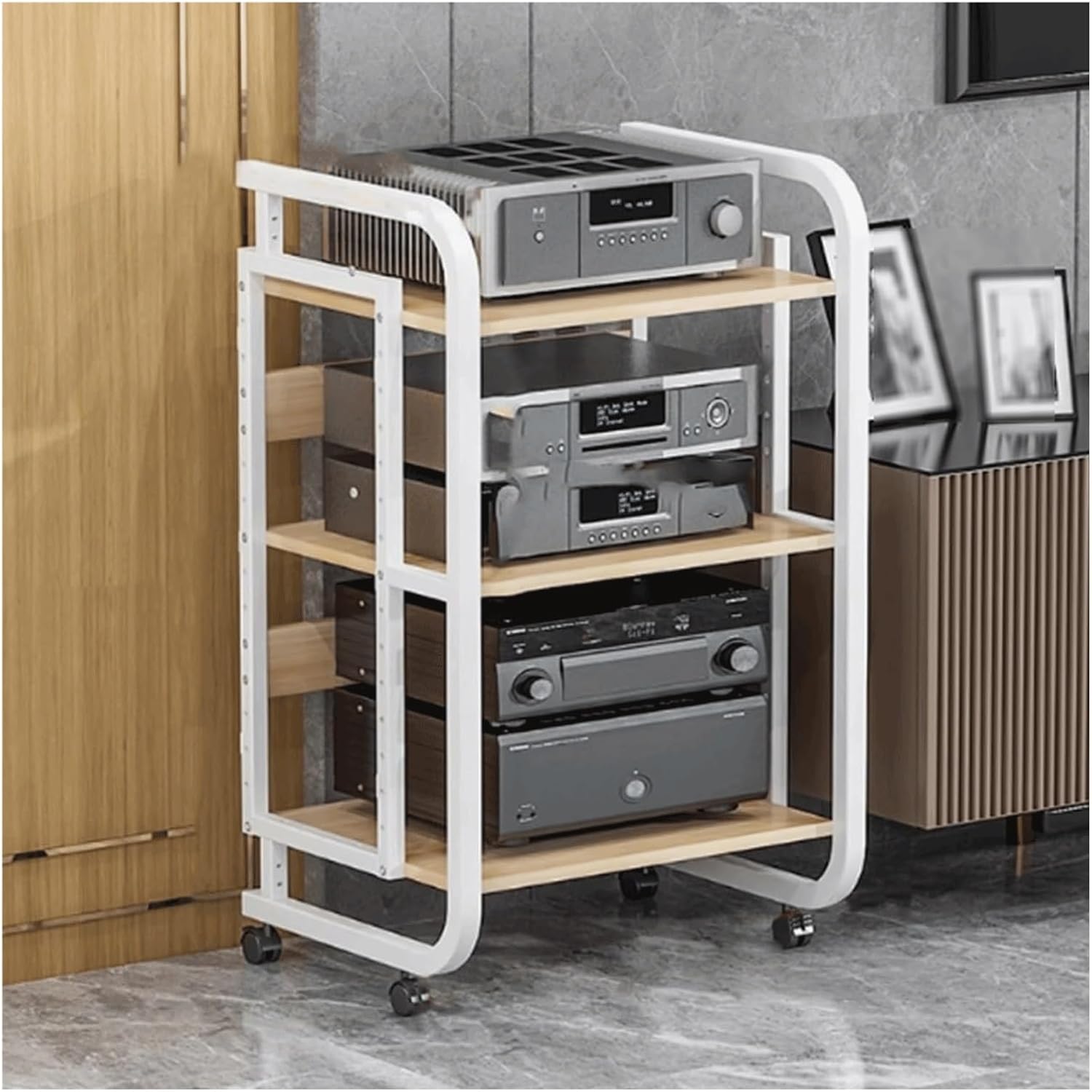 PZEOB Audio-Video Shelving Audio Rack Tower Stereo Cabinet with Adjustable Shelves AV Media Stand with Wheels Mobile Stereo Stands(White