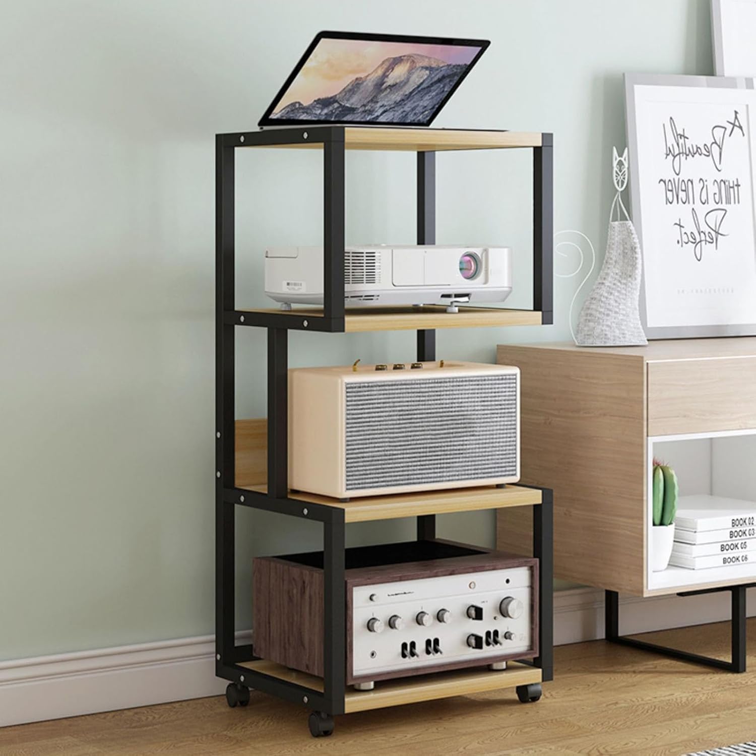 Movable AV Media Stand Cabinet CD Player Stand TV Corner Shelf Entertainment Stereo Component Cabinet Audio Rack Tower with 4-Tier Wooden Shelf for Home/Office/Theater(Size:A)