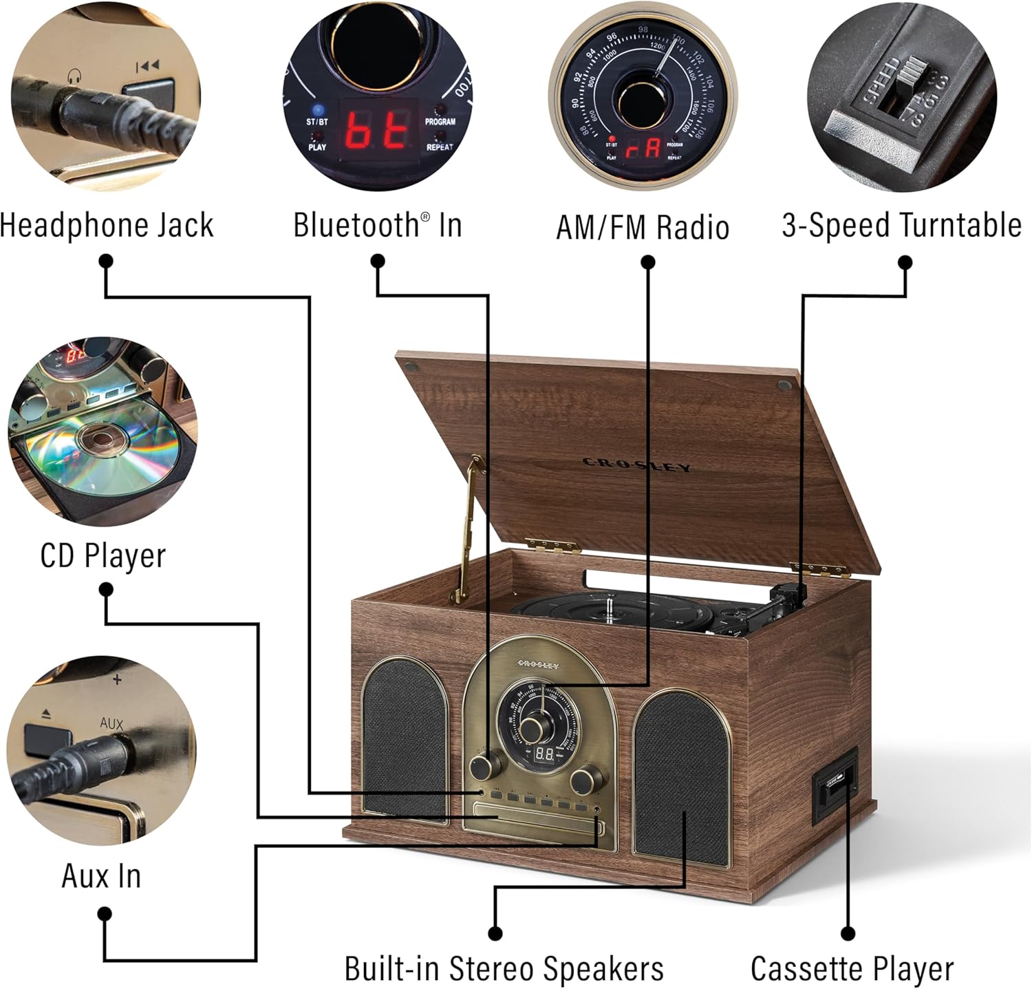 Crosley CR7025A-WA Hayes 8-in-1 Bluetooth Vinyl Record Player
