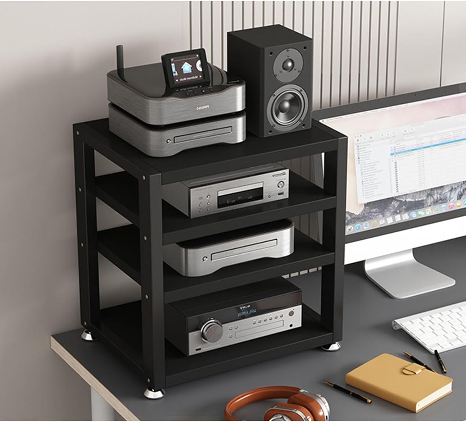 4 Tier Desktop Media Stand Audio Video Components Cabinet Stereo Rack Multi-Function Open Storage Shelf with Wooden Shelves and Steel Frame for Home/Office/Theater (Color : C