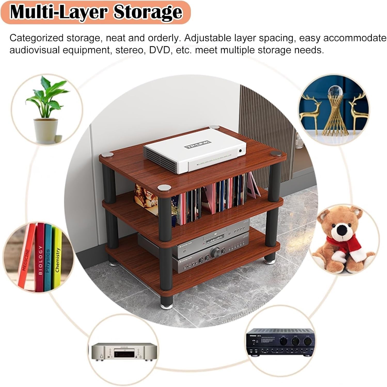 ROPCVAX 4 Tier Audio Component Rack Tower MultiFunctional Stereo AV Media Shelf for Home Office Amplifier Cabinet with Steel Frame Heavy Duty Wooden Storage Table Record Players Stand(White)