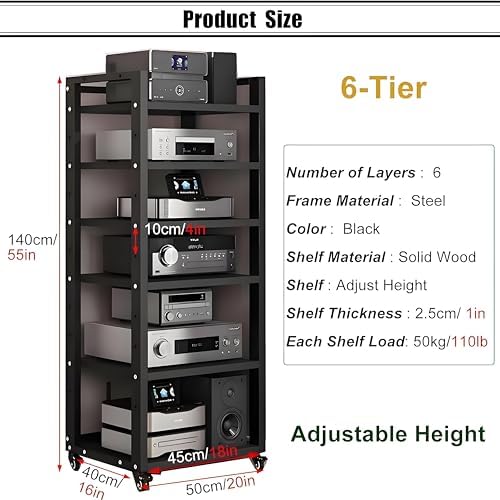 GenSDH 6 Tier Audio Rack Tower - Mobile Av Media Stand with 4 Lockable Wheels Cd Record Player & Stereo Receiver Cabinet for Home Entertainment System - Beige Display Shelf