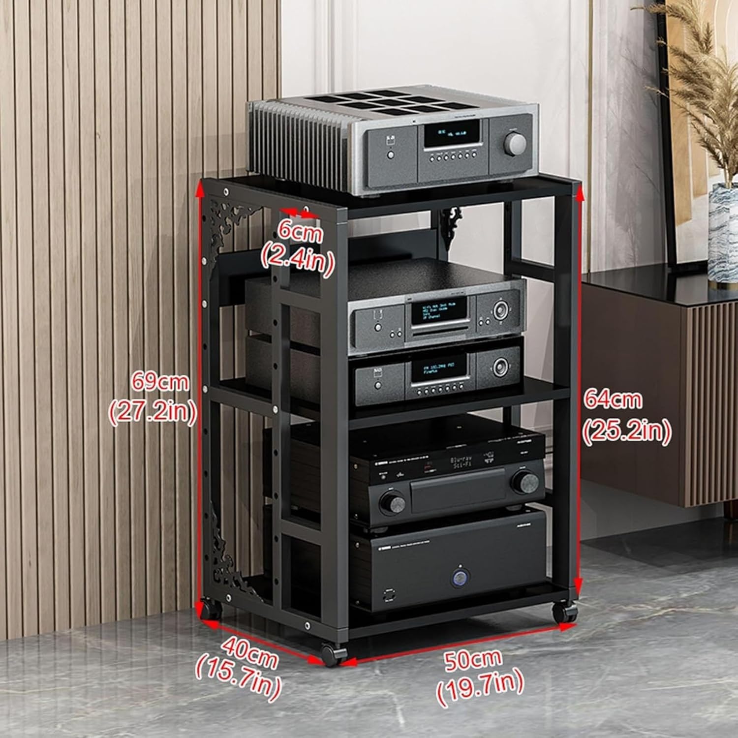 XingLi Movable 3/4/5-Tier Media Stand Audio/Video Component Cabinet with Height Adjustable Wooden Shelf Multi-Function Open Storage Rack for Home/Office/Theater(Black