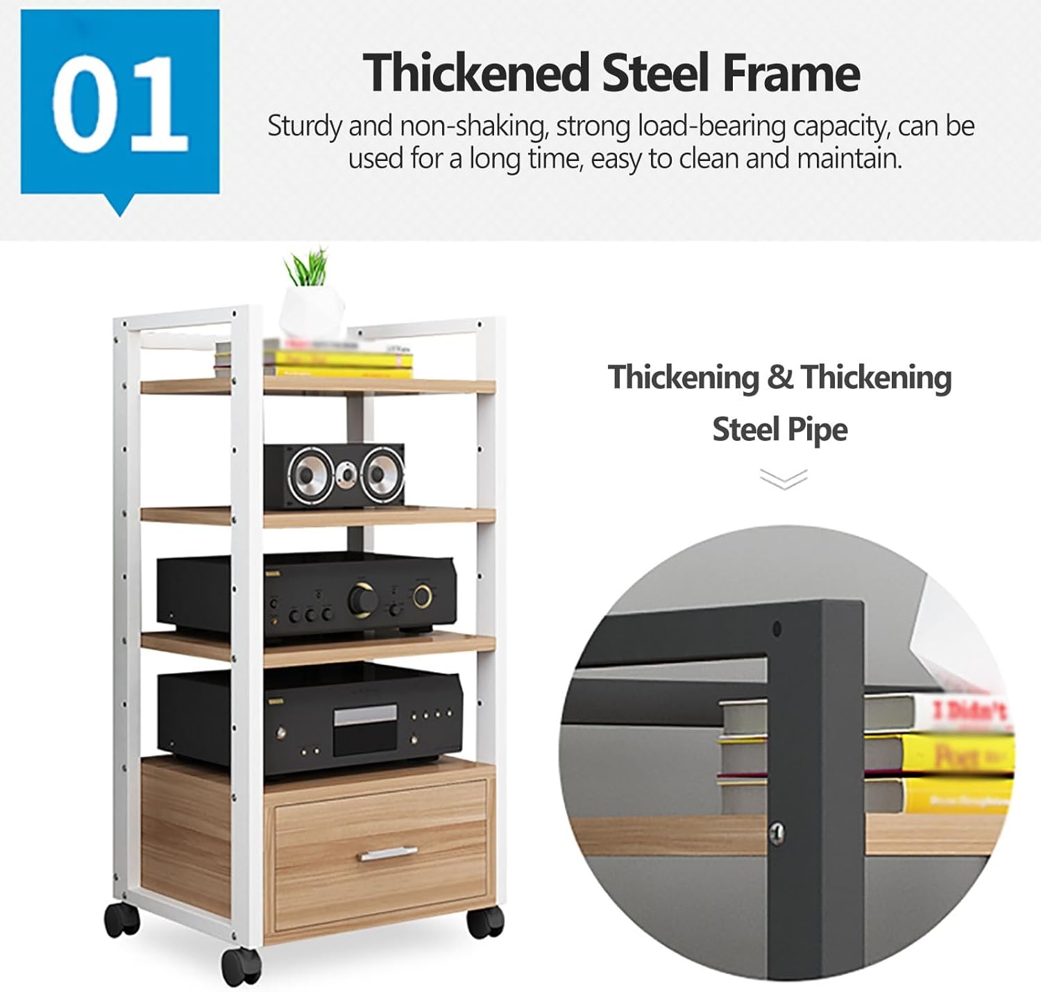 YLLFFLL 5-Tier AV Media Stand with Drawer - 120cm Tall Audio Rack Tower with Adjustable Heigth Shelves - Large Media Console Record Player Stand for Living Room Bedroom(Black-C)