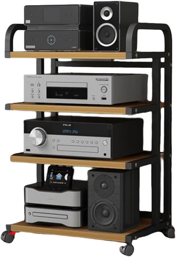 KGPGNYMYHA 4 Tier Corner Stereo System Audio Video Rack AV Media Stand With Wheels Wood Adjustable Shelves