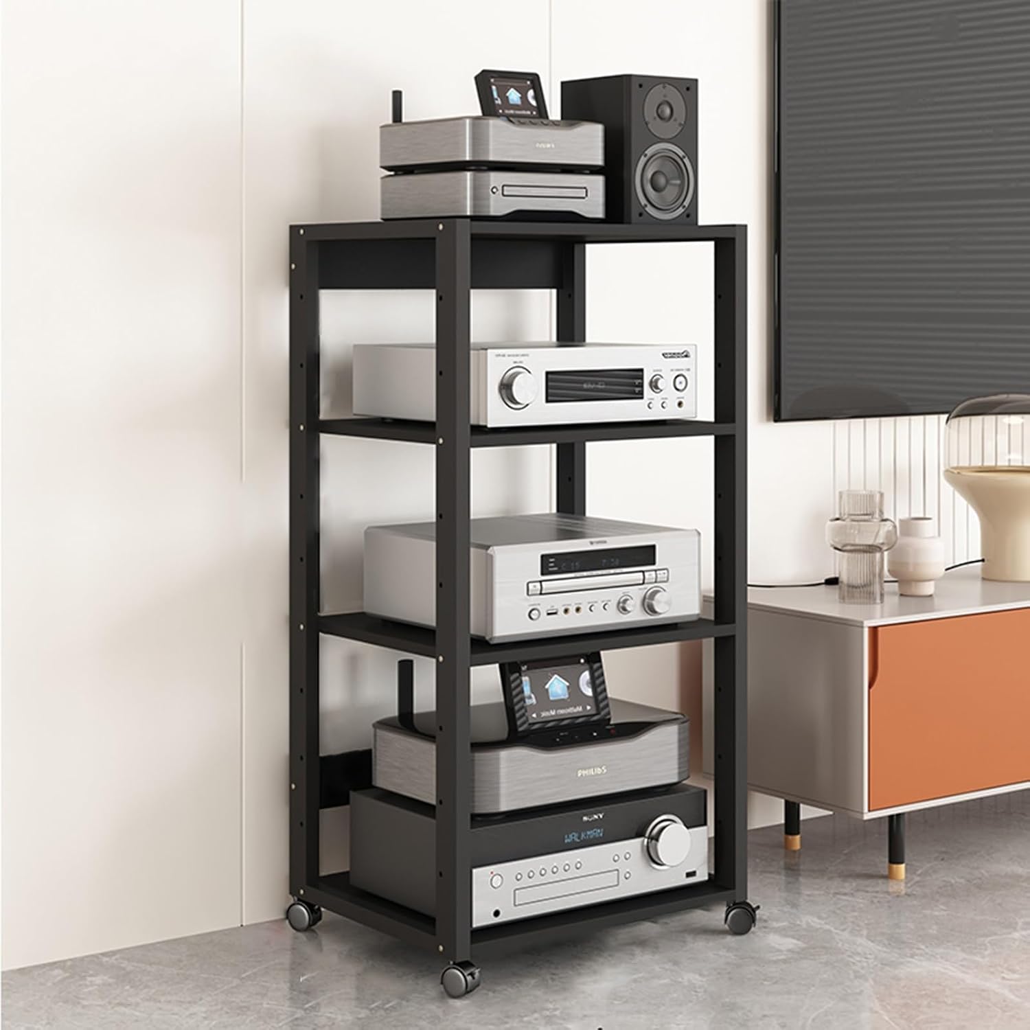 RENLXFI Audio Rack Av Tower Media Stand 5 6 7 Tier Electronics Equipment Shelf